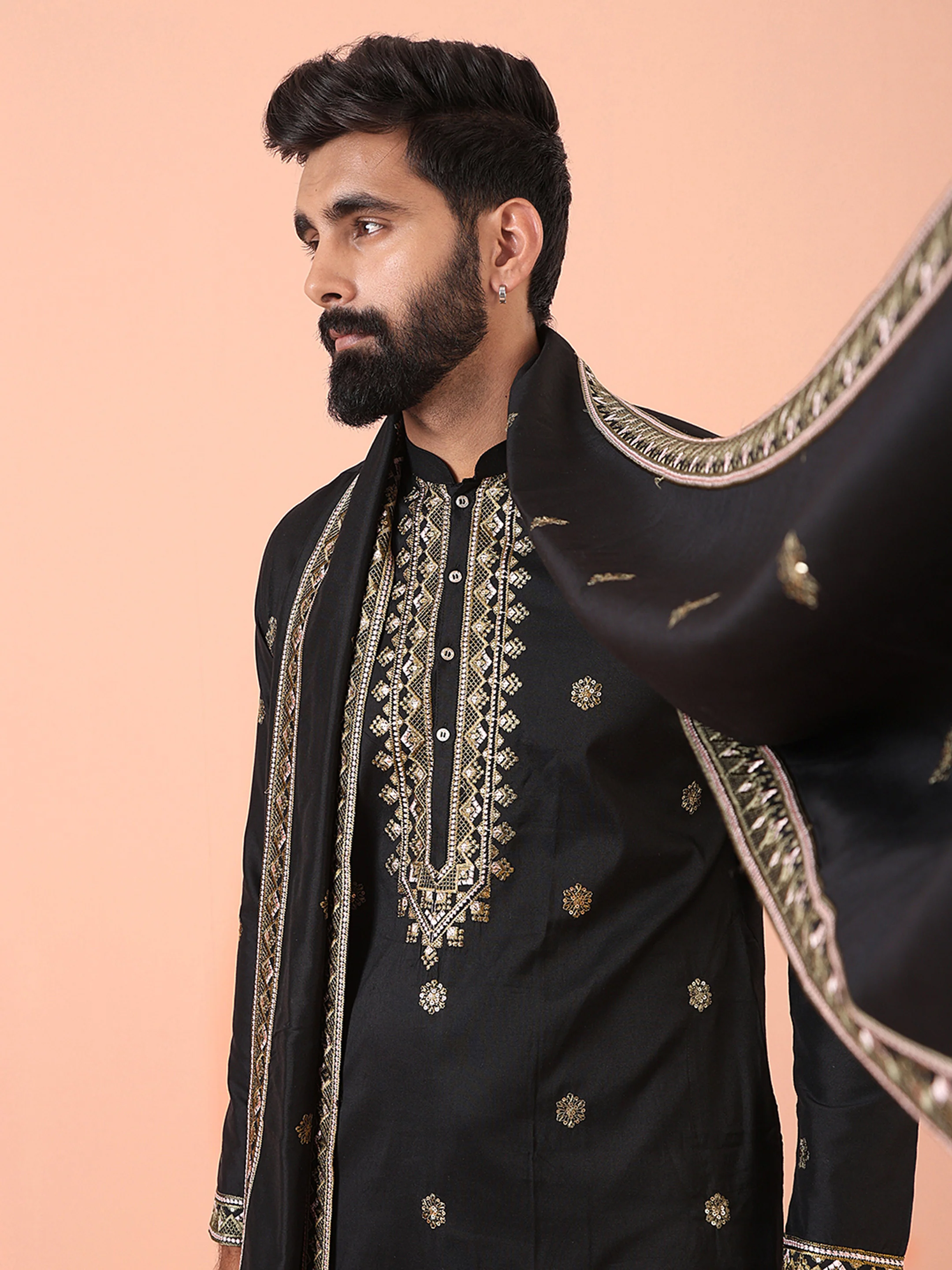 Men Black Embroidered Kurta Trousers Dupatta Set - Image 7
