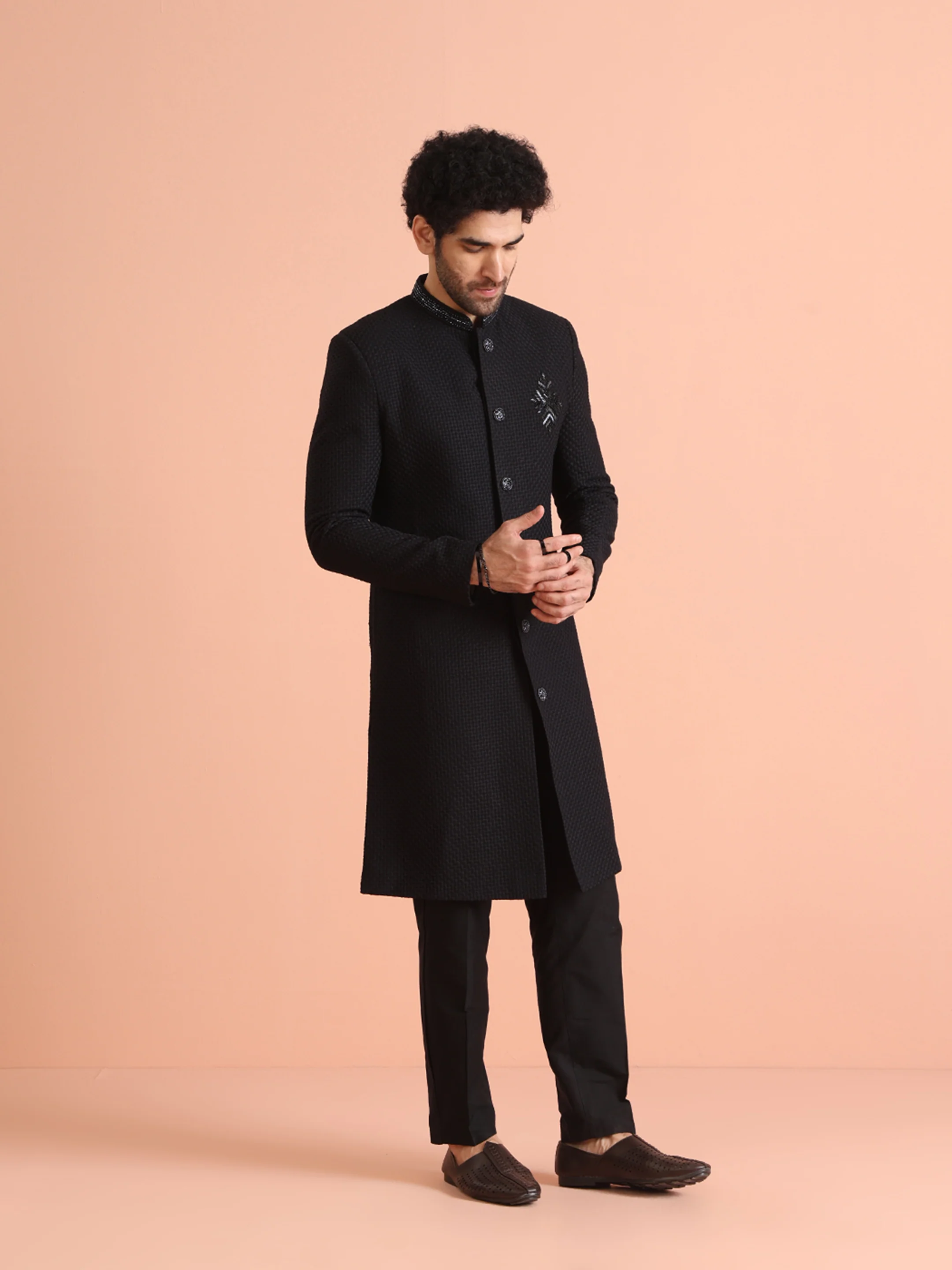 Men Black Heavy Thread Work Indo Western Trouser Set - Image 2