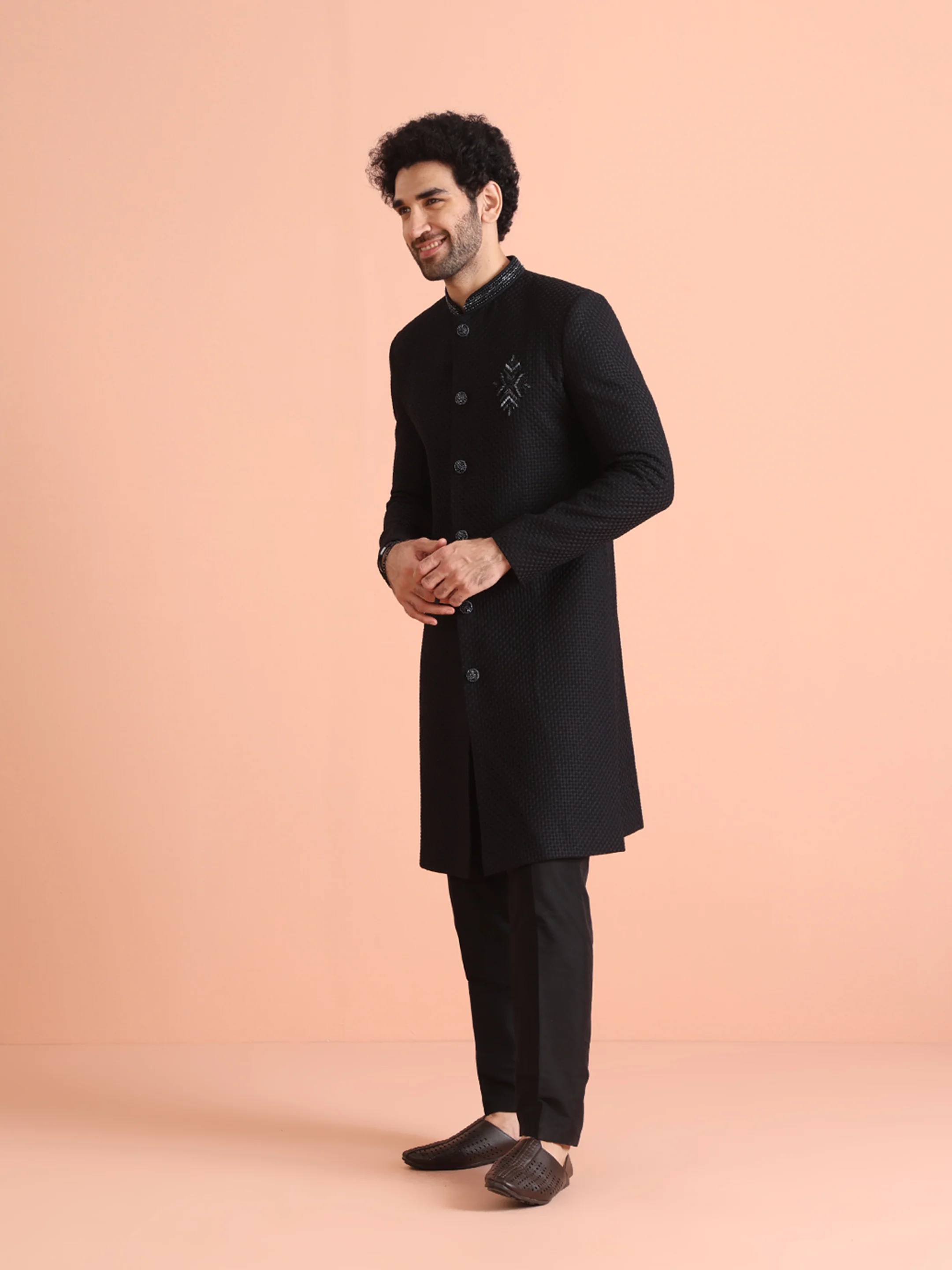 Men Black Heavy Thread Work Indo Western Trouser Set - Image 3