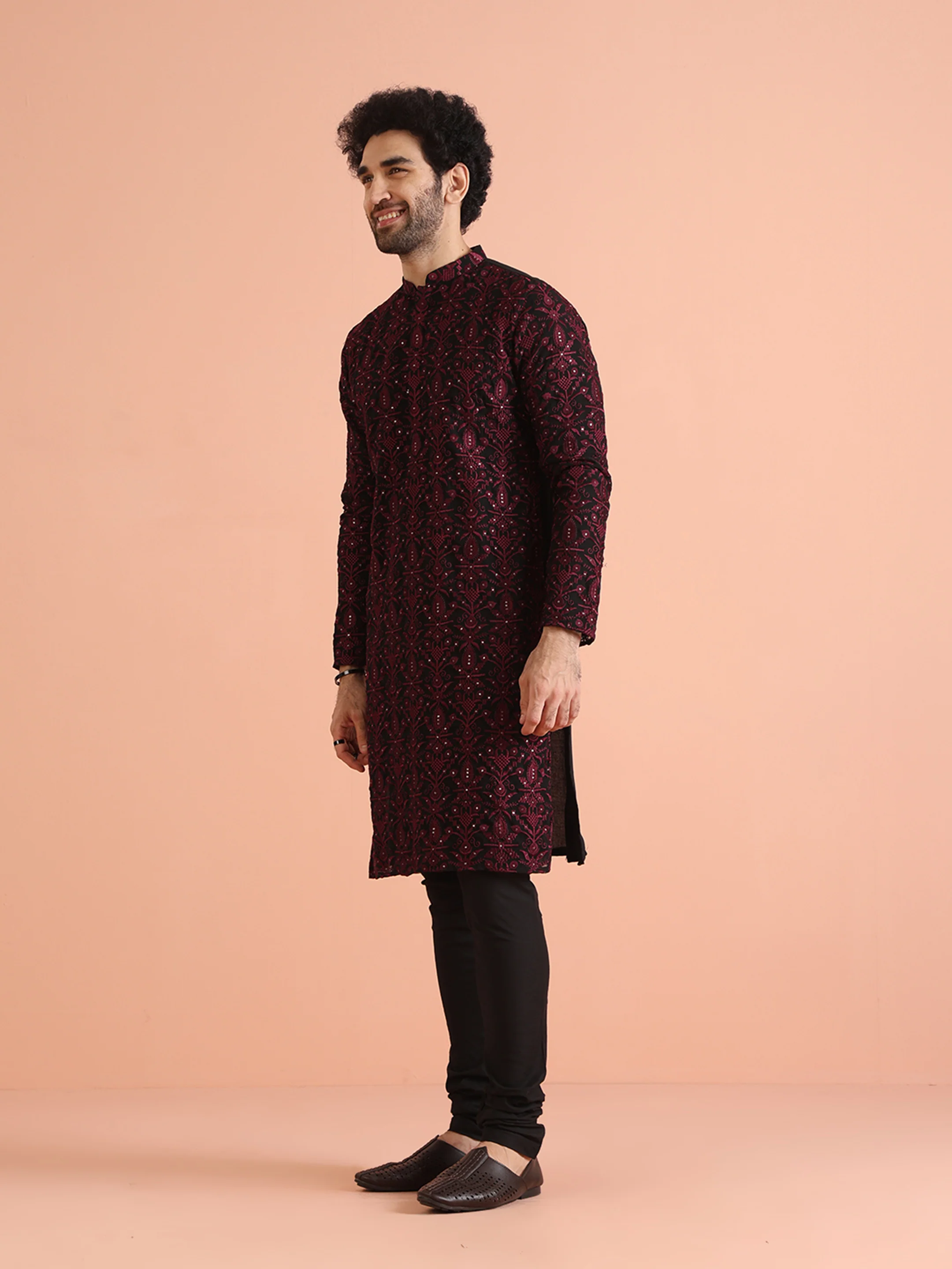 Men Black Heavy Thread Work Kurta Churidar Set - Image 4