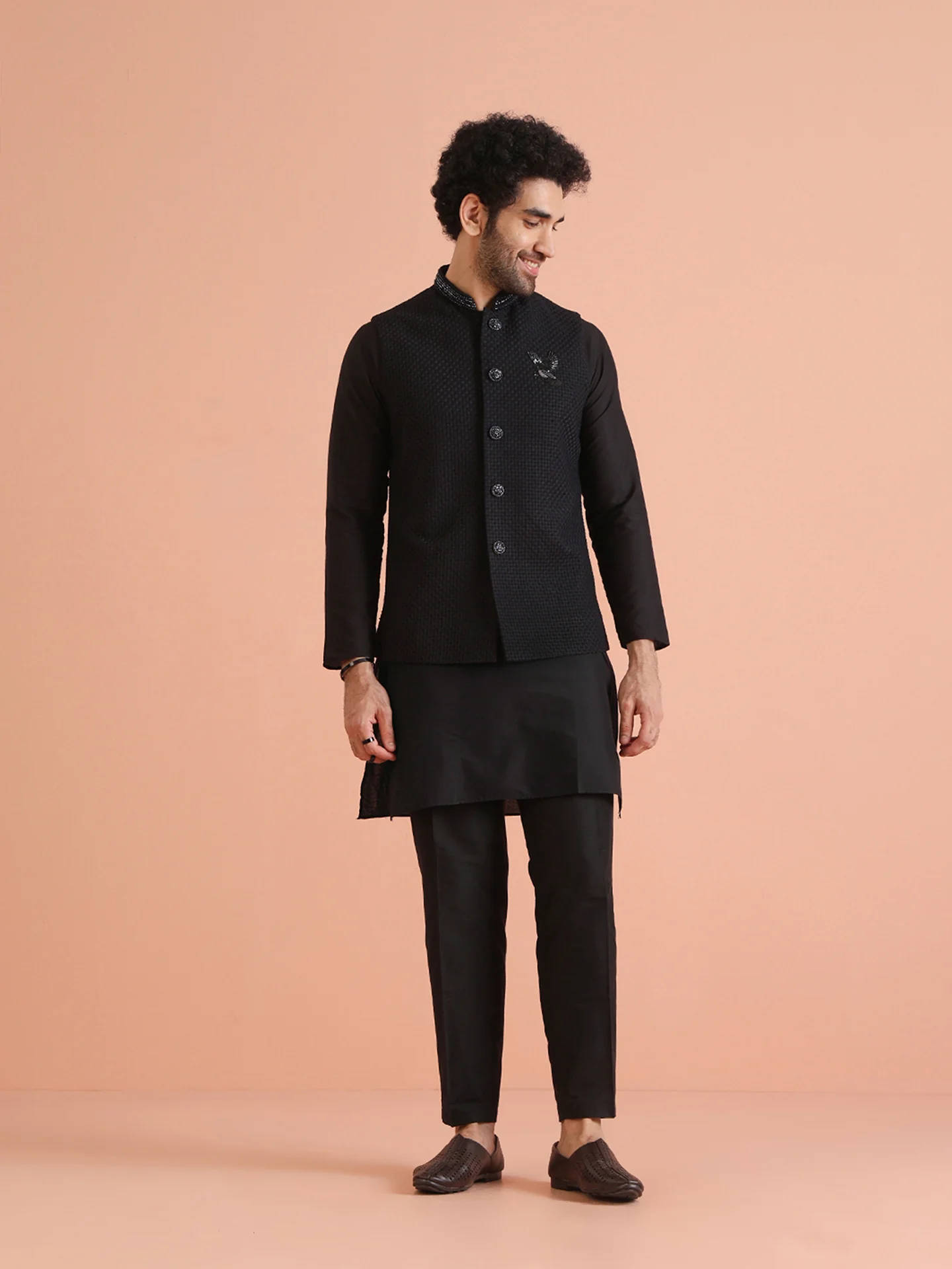 Black Cotton Silk Thread Work Nehru Jacket Kurta Trouser - Image 2