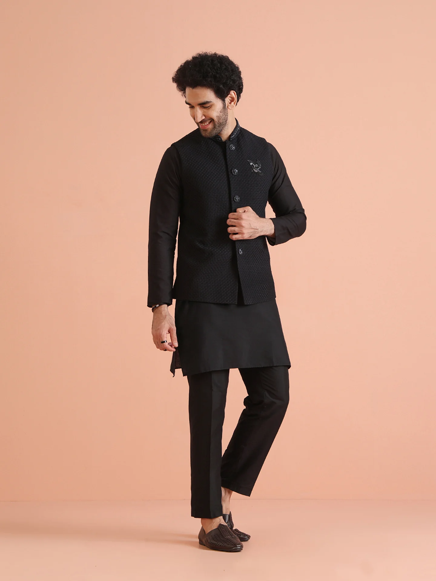 Black Cotton Silk Thread Work Nehru Jacket Kurta Trouser - Image 3