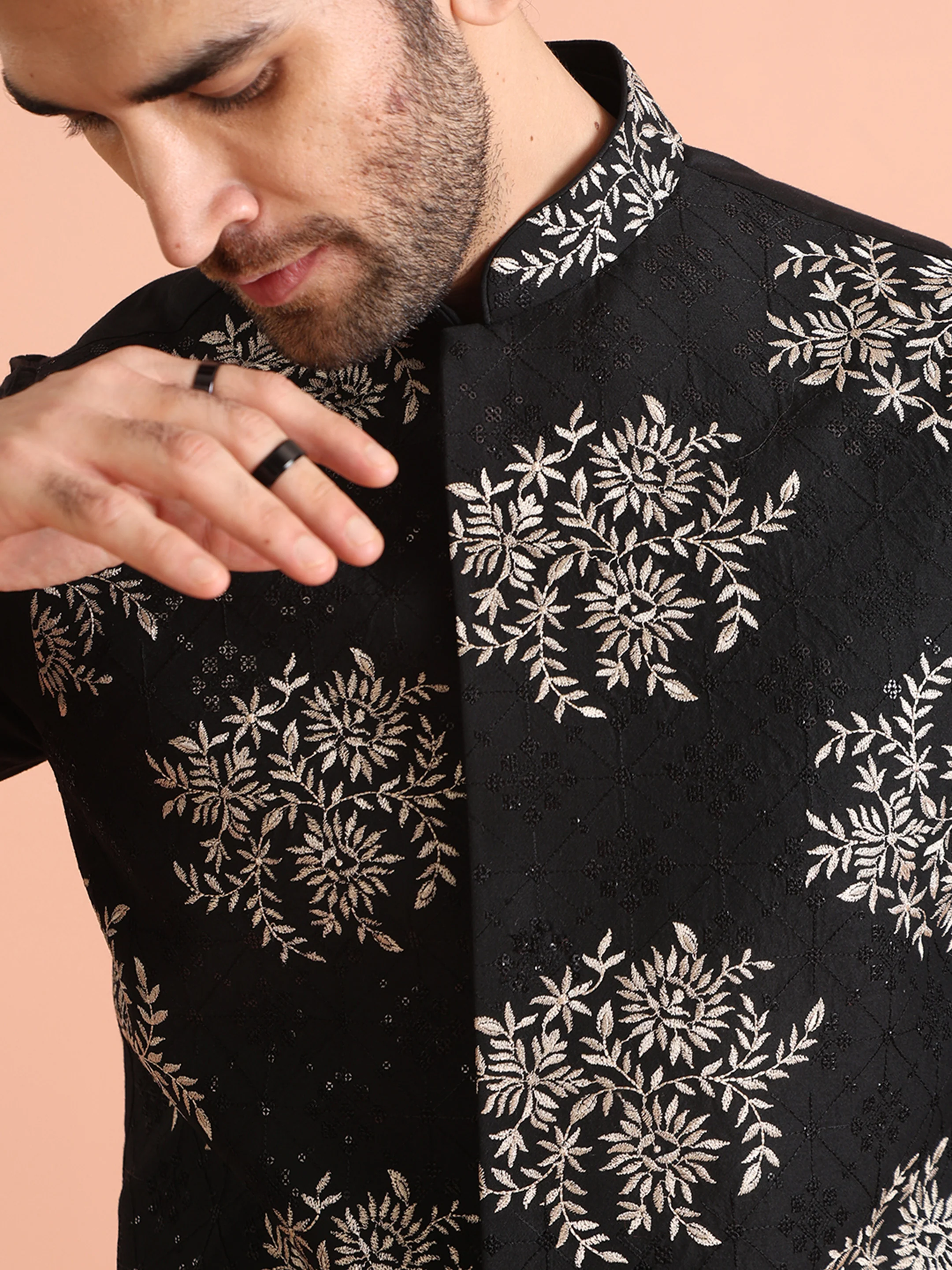 Black Thread Work Jacket Kurta Trouser Set - Image 6