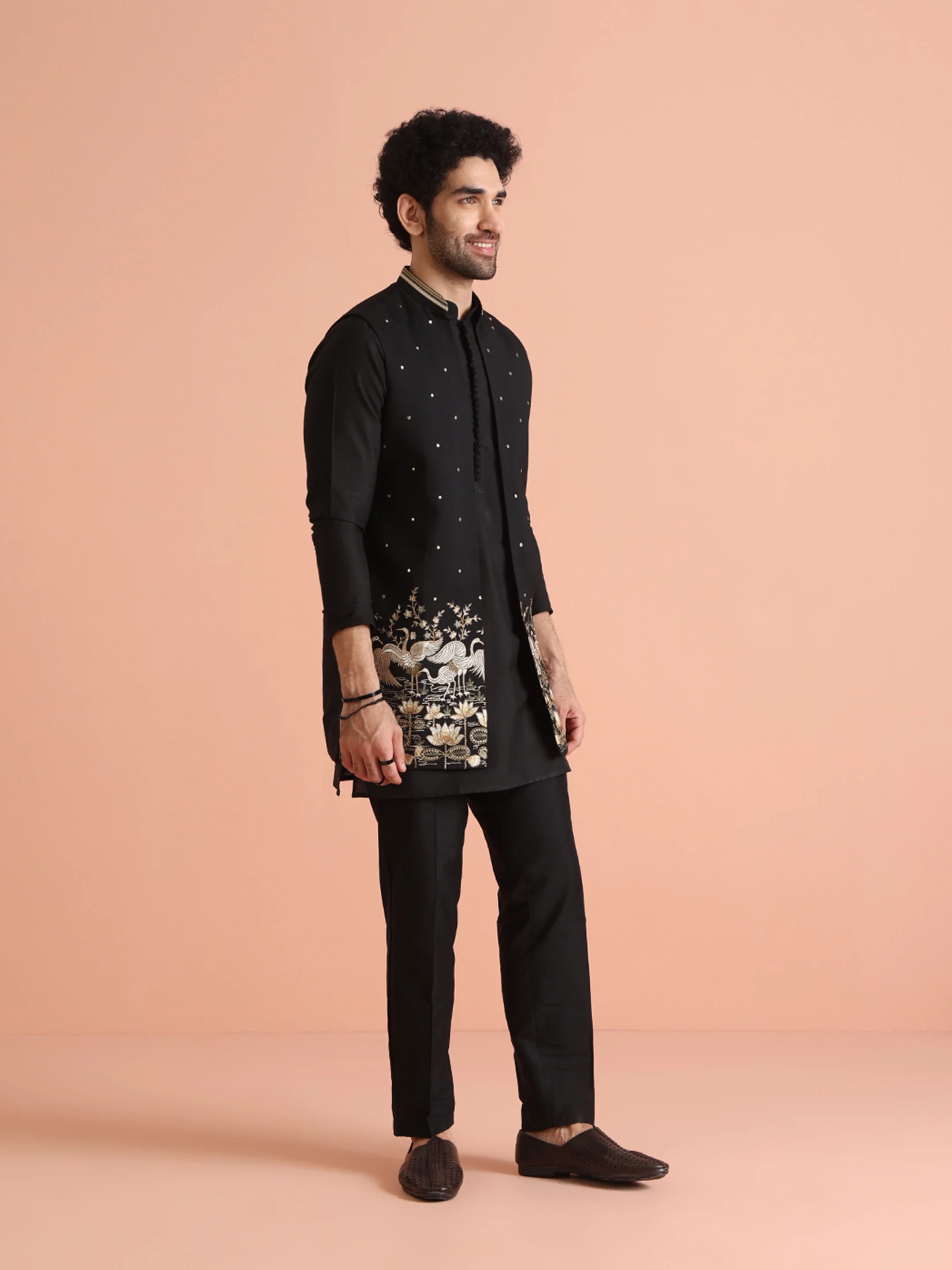 Black Embroidered Jacket Kurta Trouser Set - Image 4
