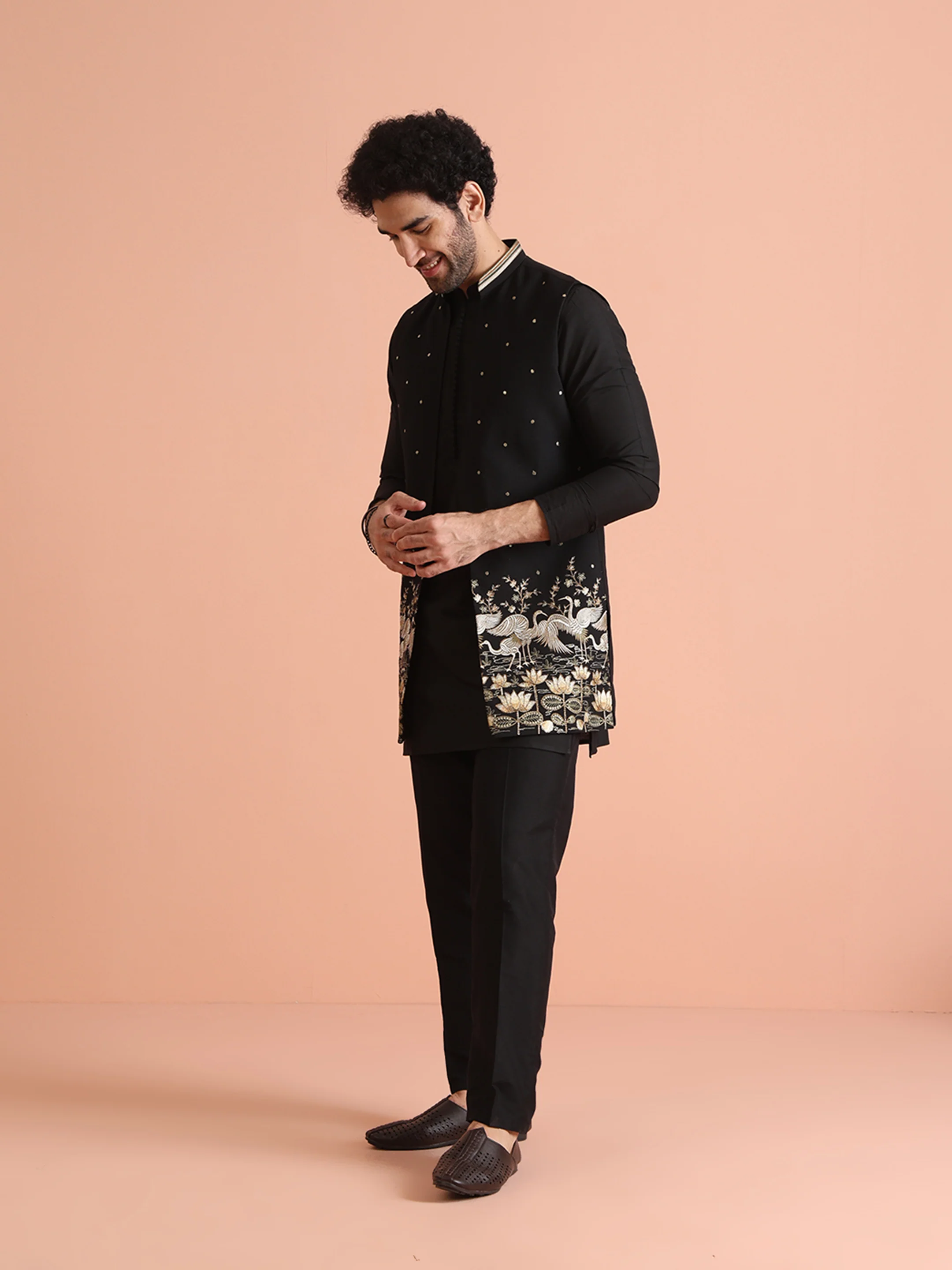 Black Embroidered Jacket Kurta Trouser Set - Image 5