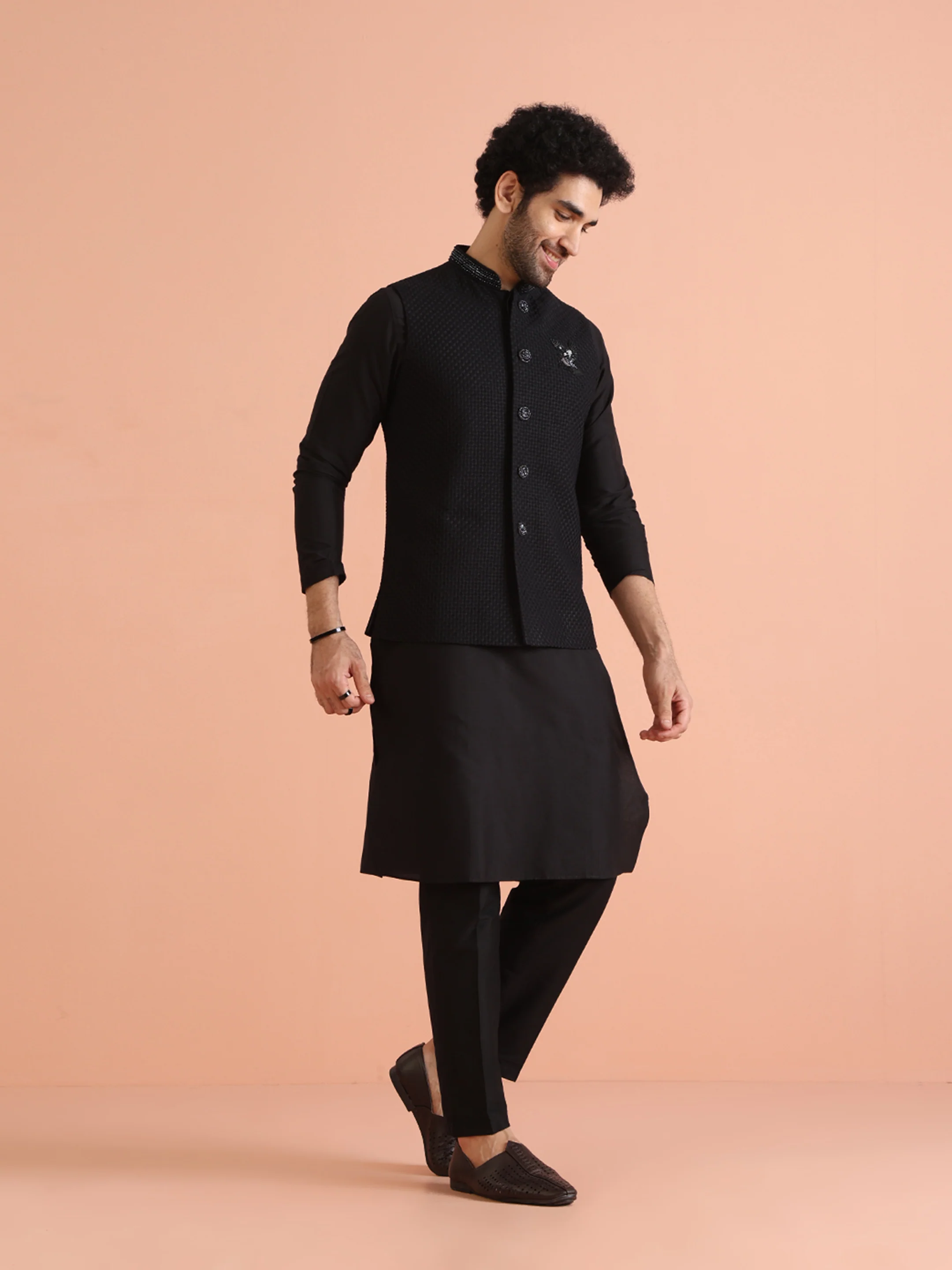Black Thread Work Jacket Kurta Trouser Set