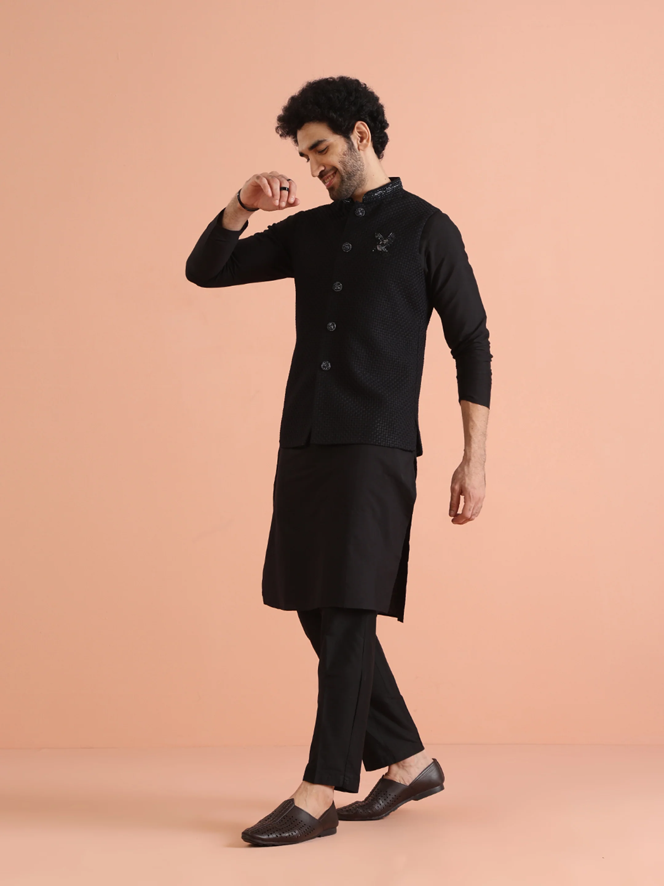 Black Thread Work Jacket Kurta Trouser Set - Image 2