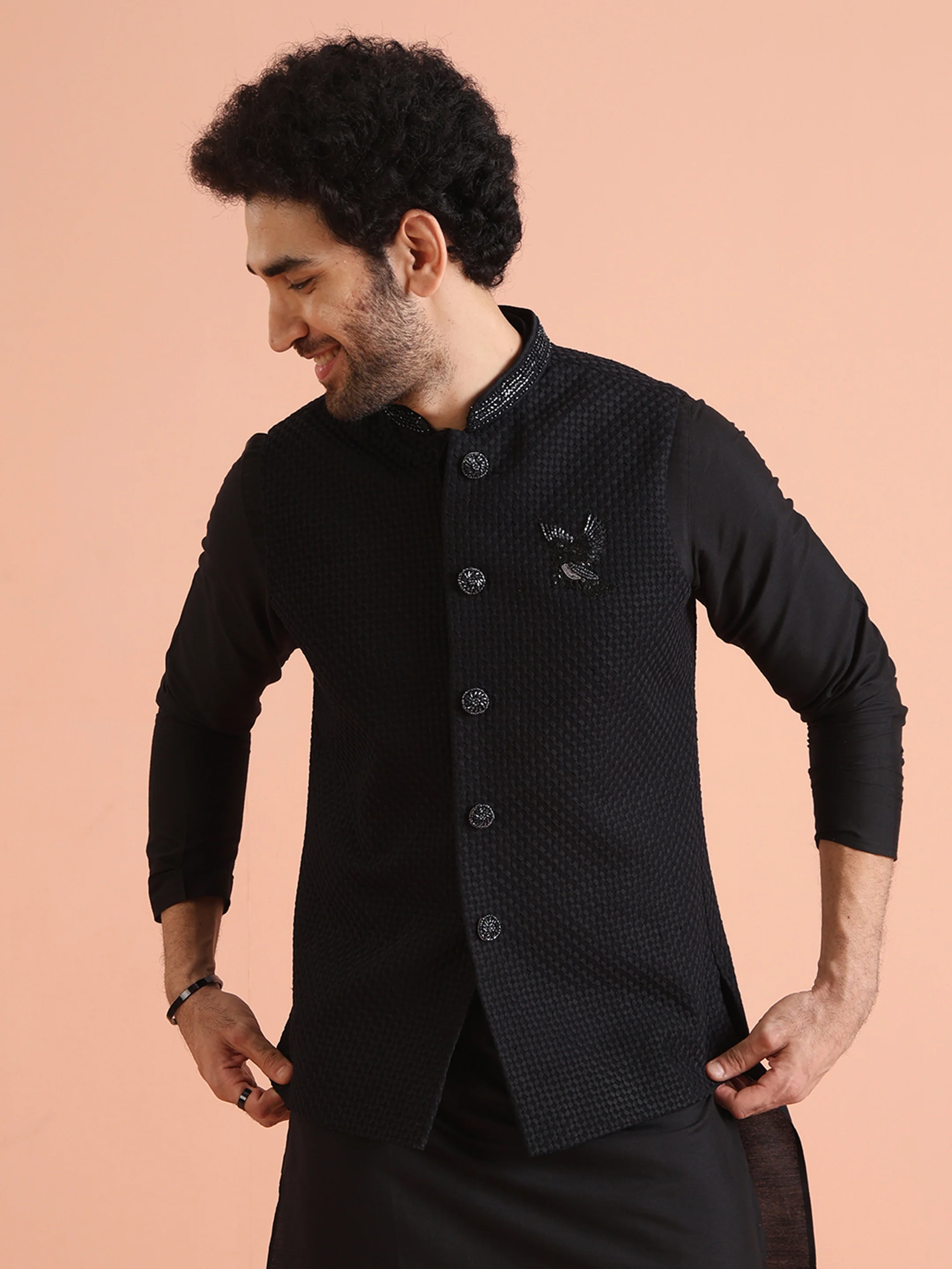 Black Thread Work Jacket Kurta Trouser Set - Image 5