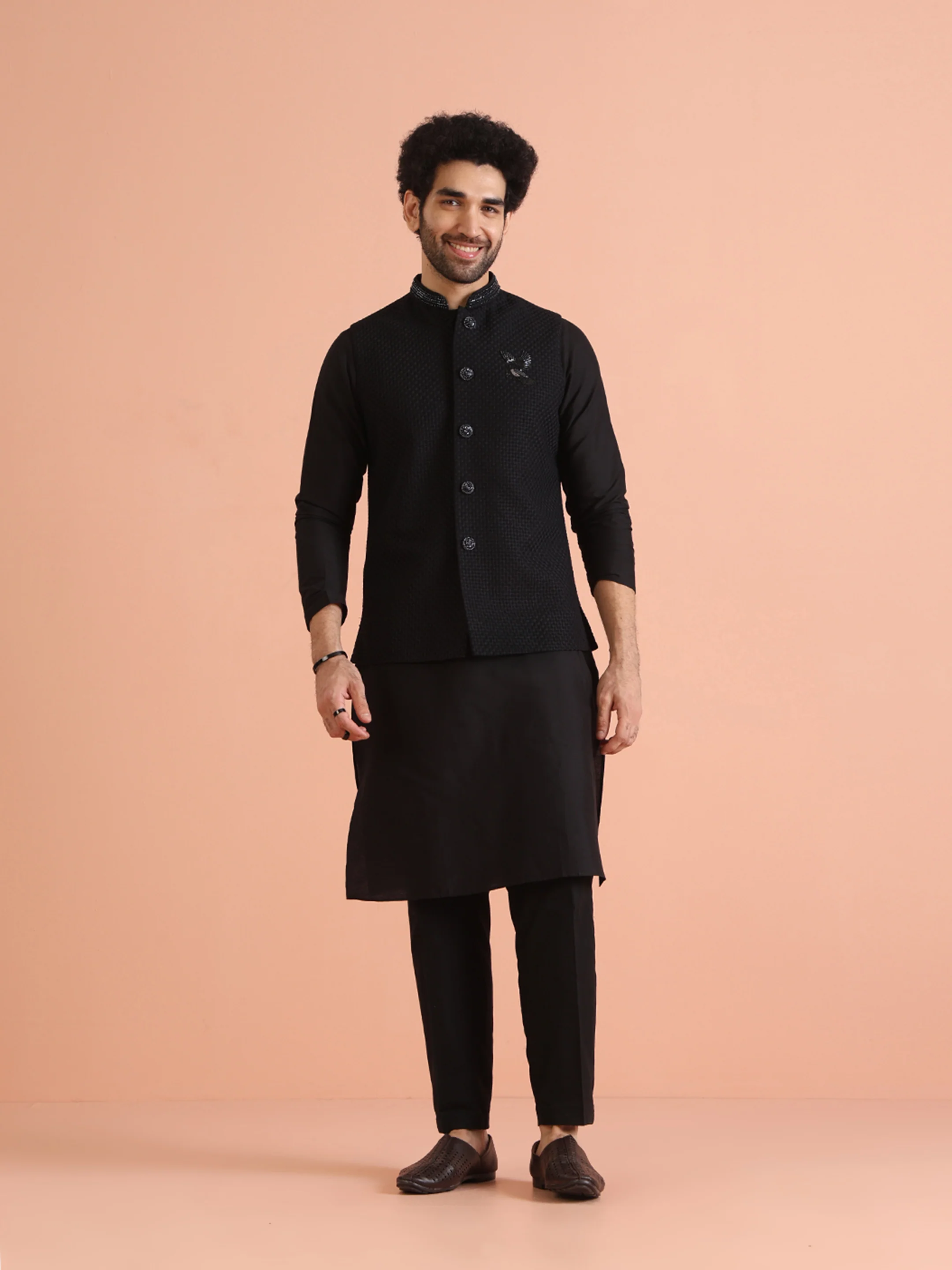 Black Thread Work Jacket Kurta Trouser Set - Image 8