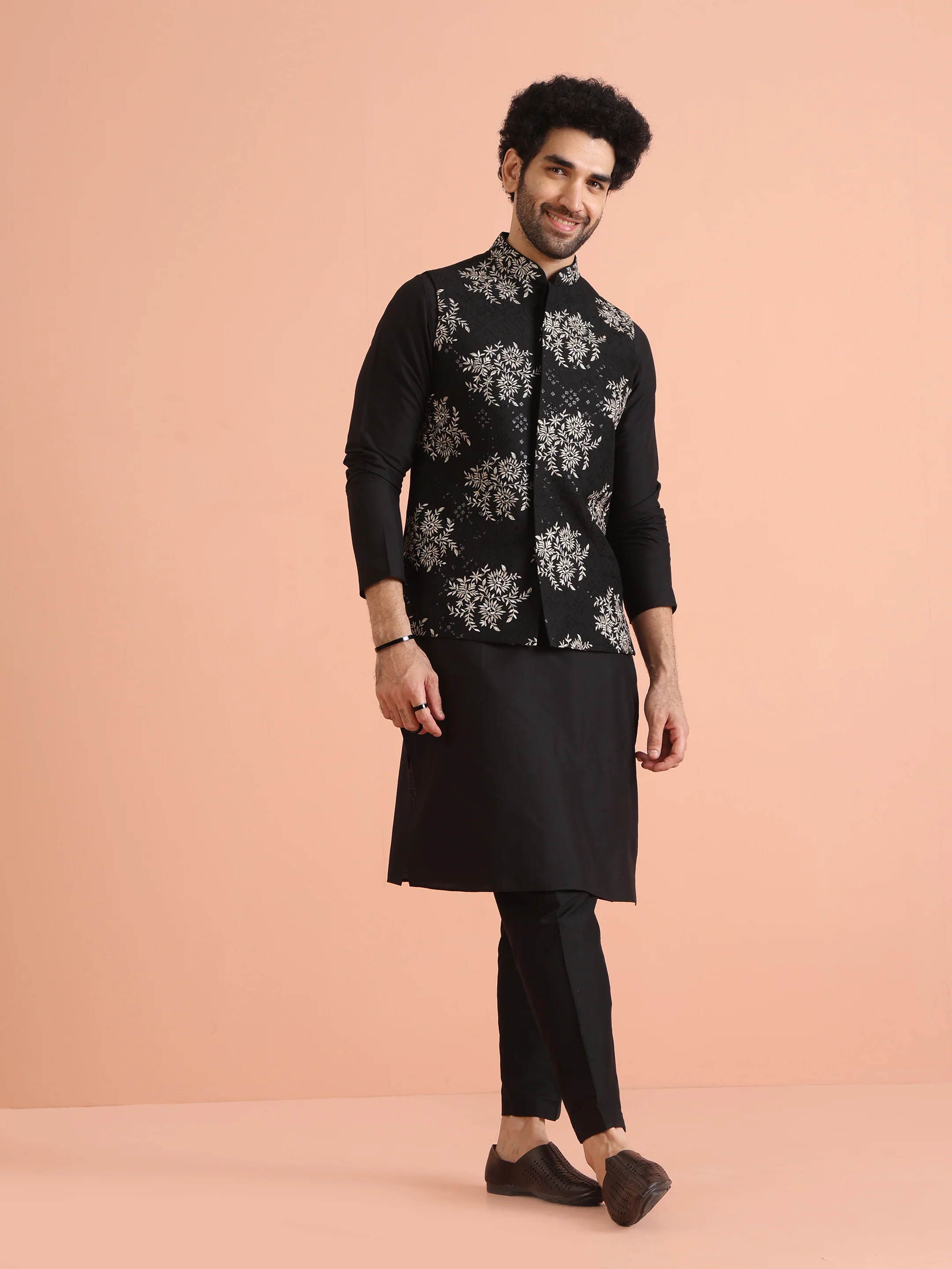 Black Heavy Thread Work Nehru Jacket Kurta Trouser