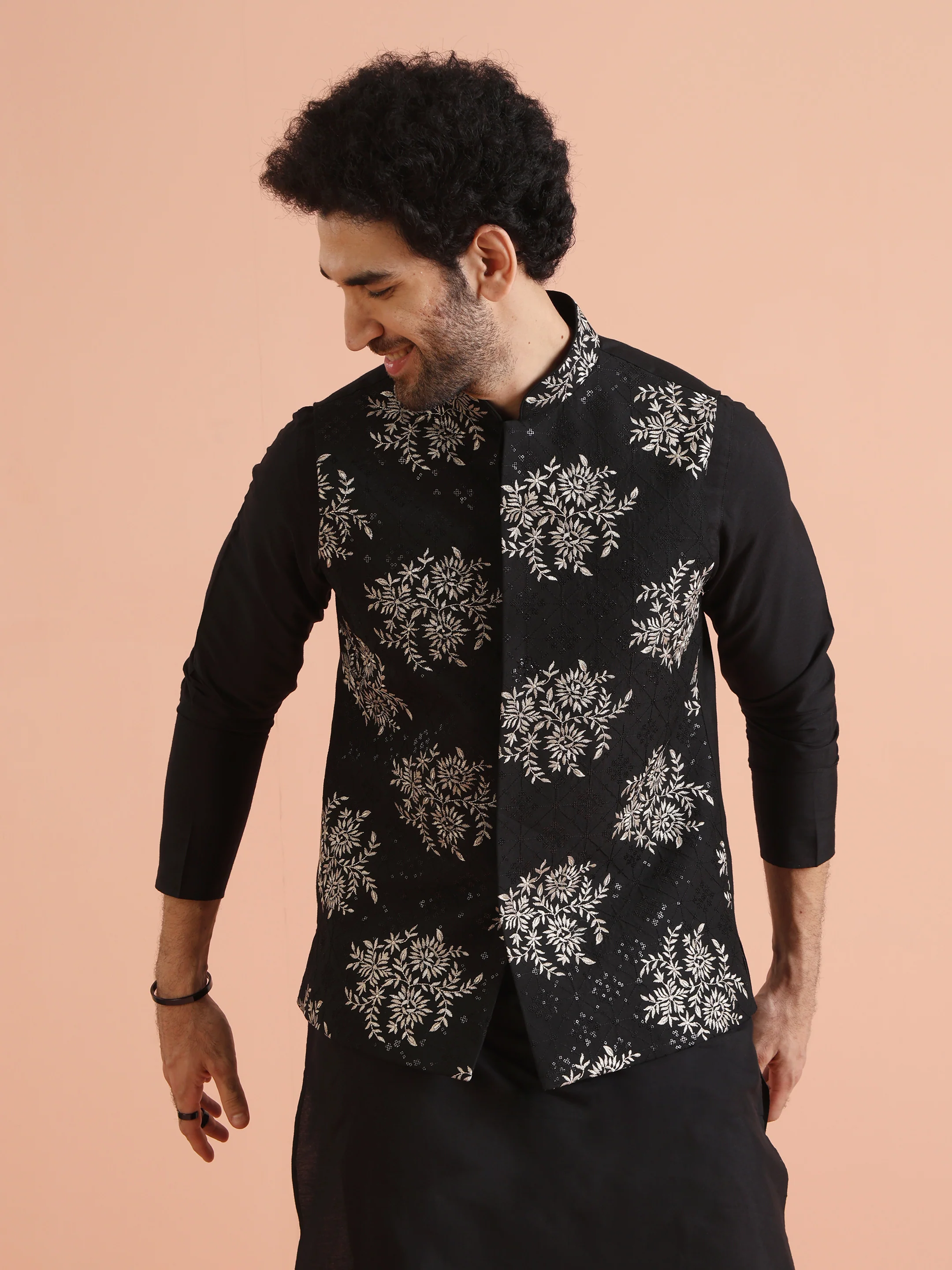 Black Heavy Thread Work Nehru Jacket Kurta Trouser - Image 7