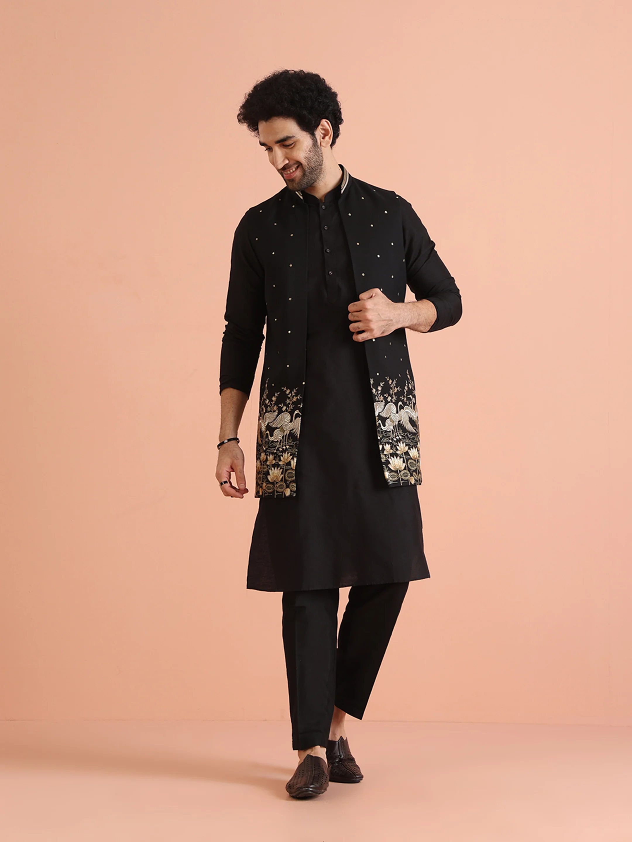 Black Embroidered Jacket Kurta Trouser Set - Image 2