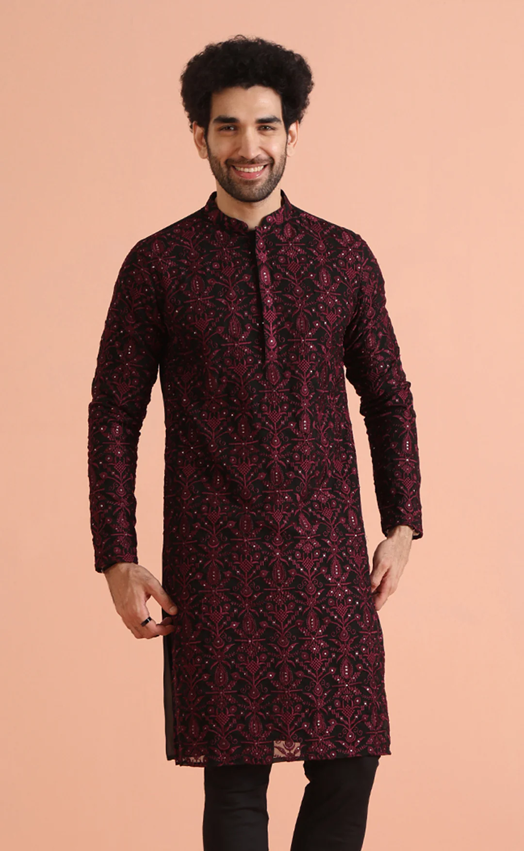Black & Maroon Embroidered Kurta â€“ Festive & Wedding Wear - Image 2