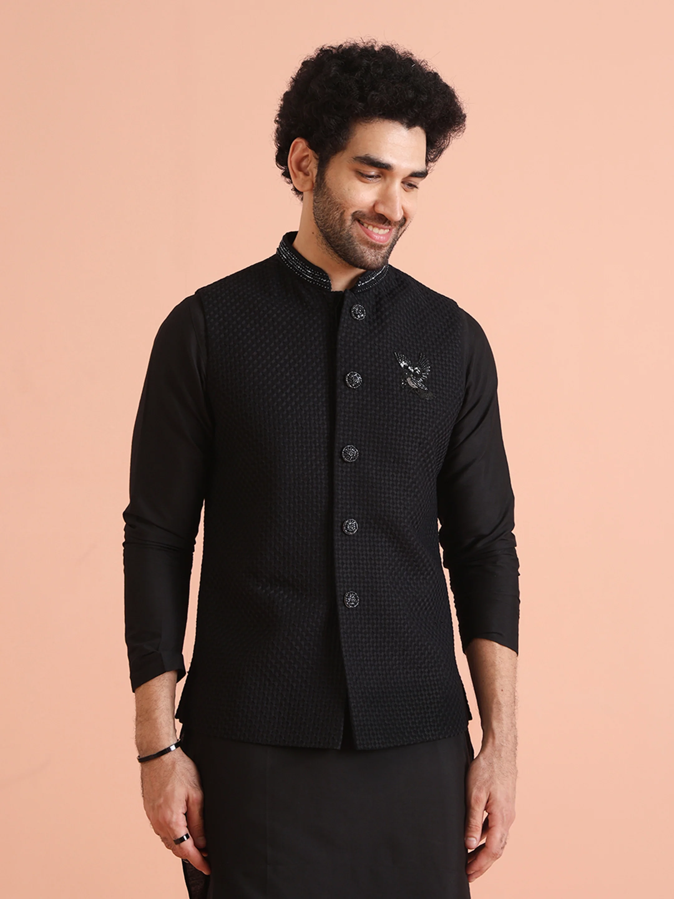 Black Silk Blend Textured Nehru Jacket