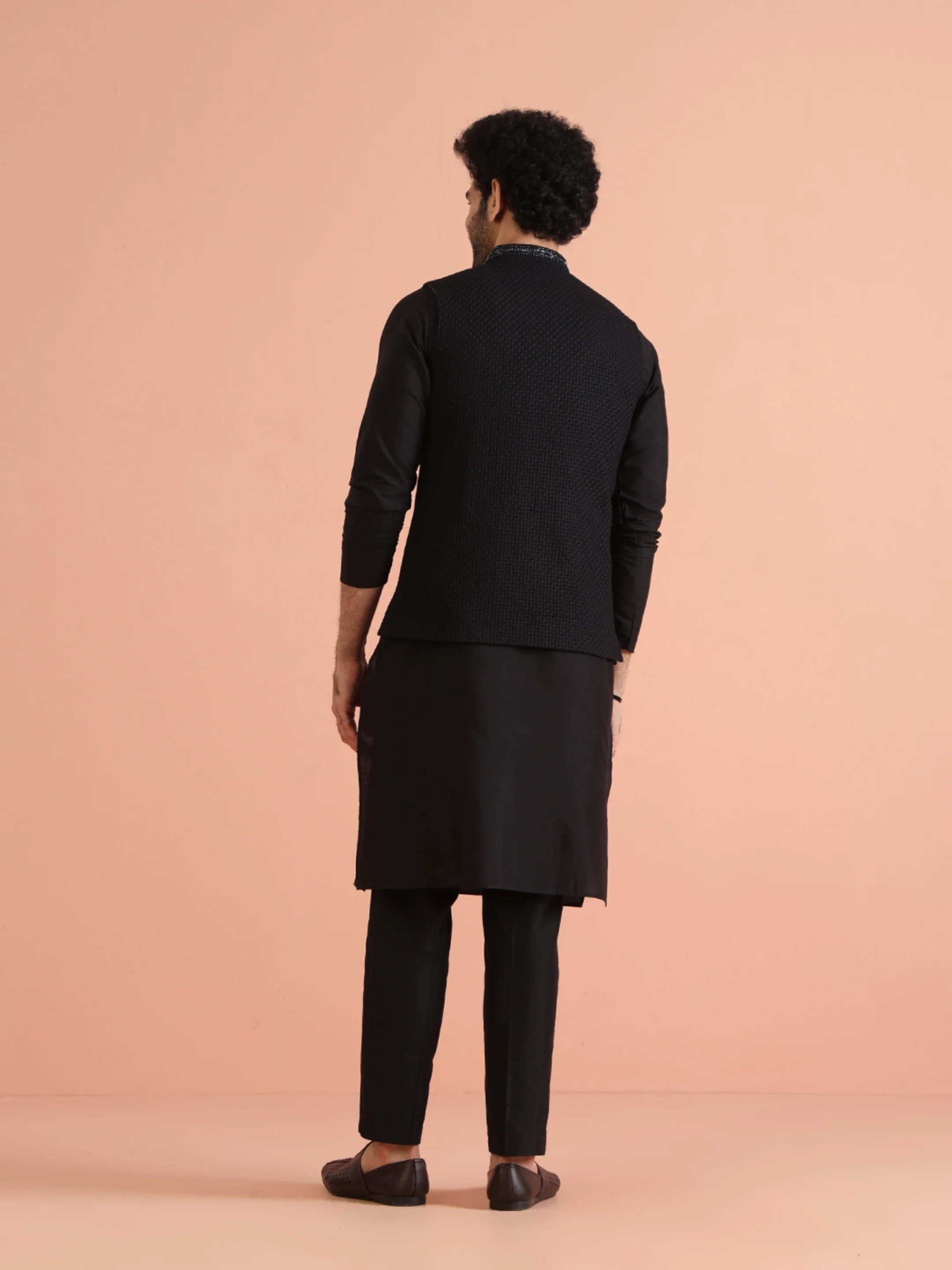 Black Silk Blend Textured Nehru Jacket - Image 4