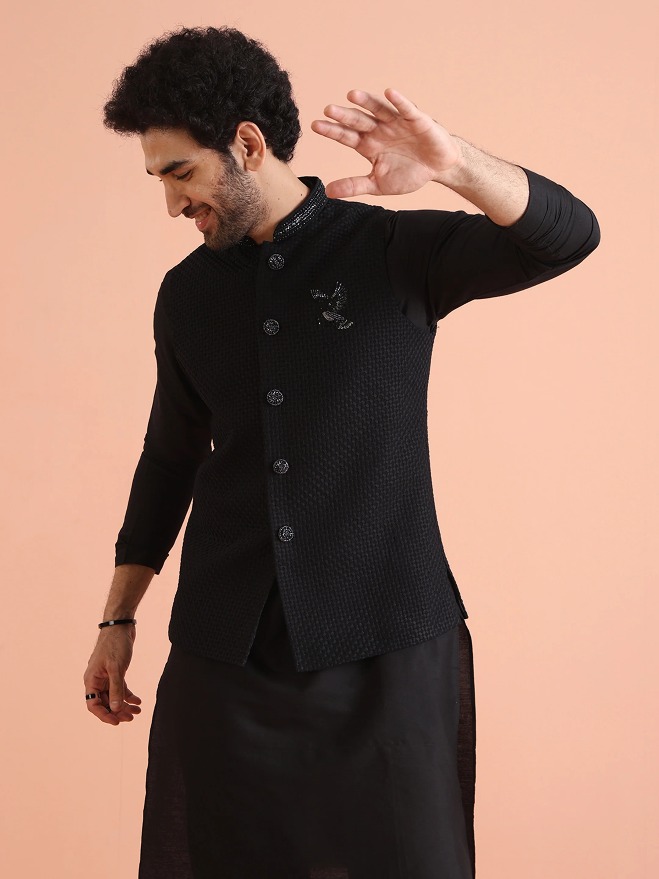 Black Silk Blend Textured Nehru Jacket - Image 5