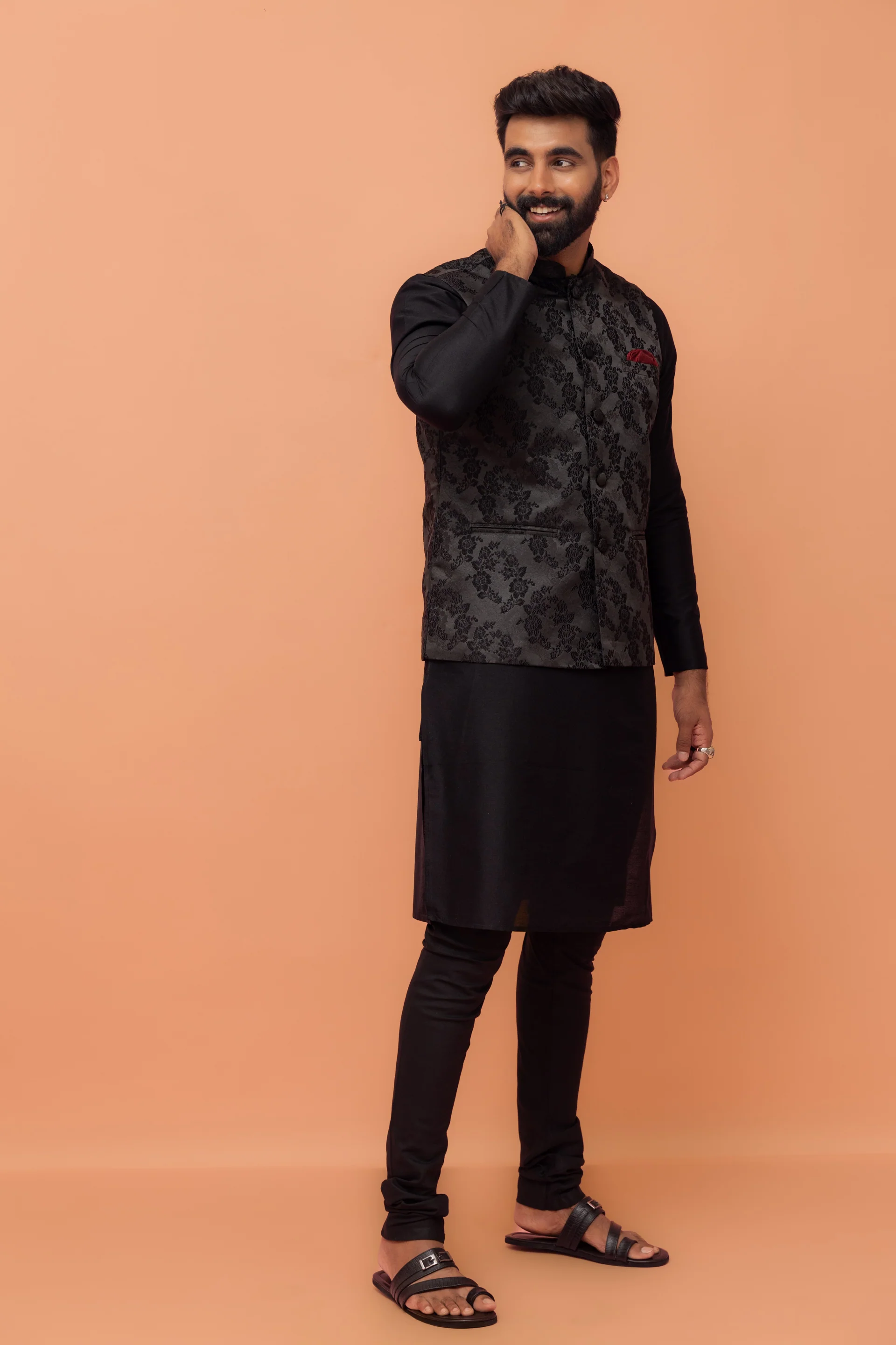 Black Jacquard Floral Jacket Kurta Churidar - Image 2
