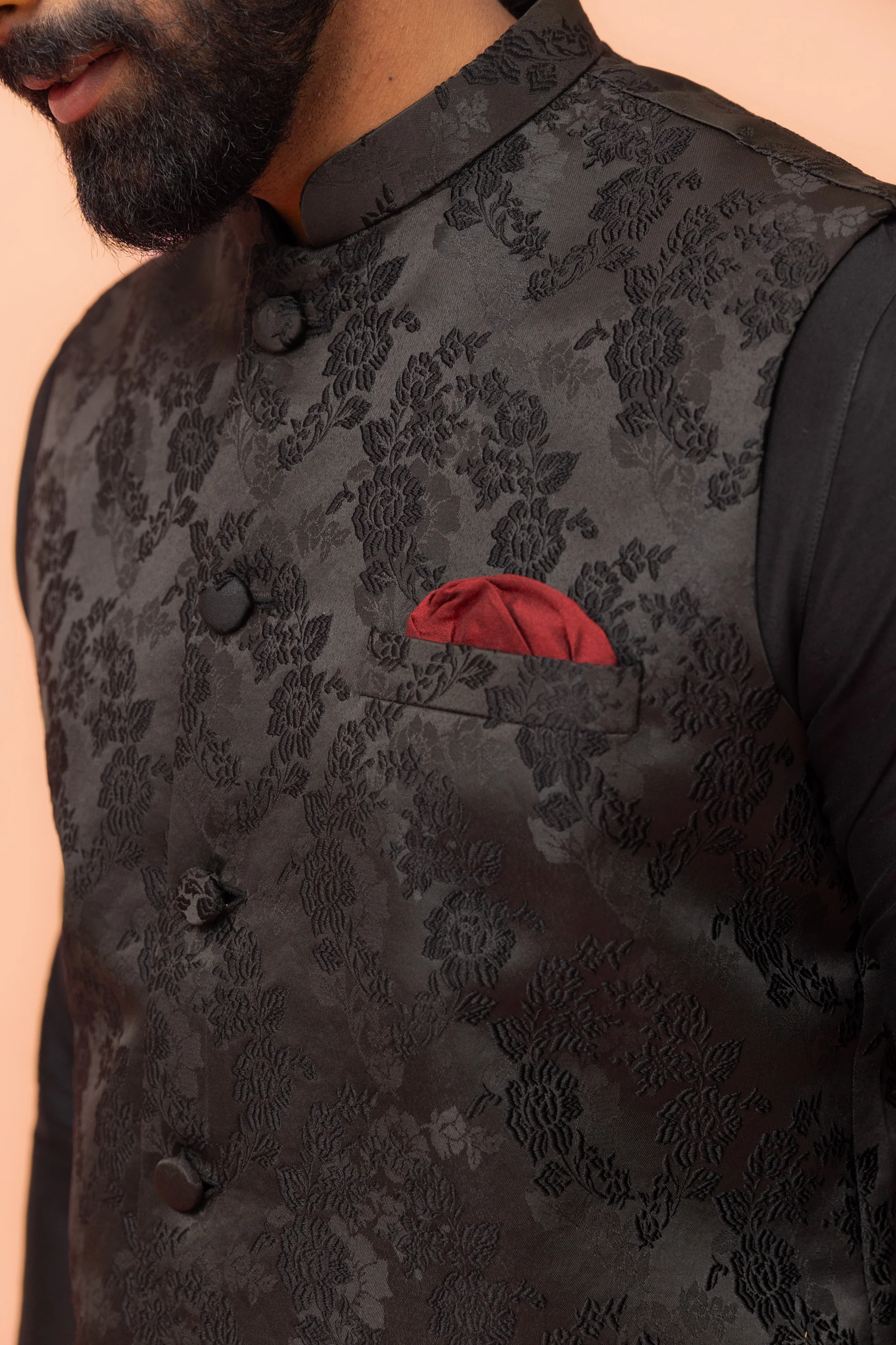 Black Jacquard Floral Jacket Kurta Churidar - Image 5