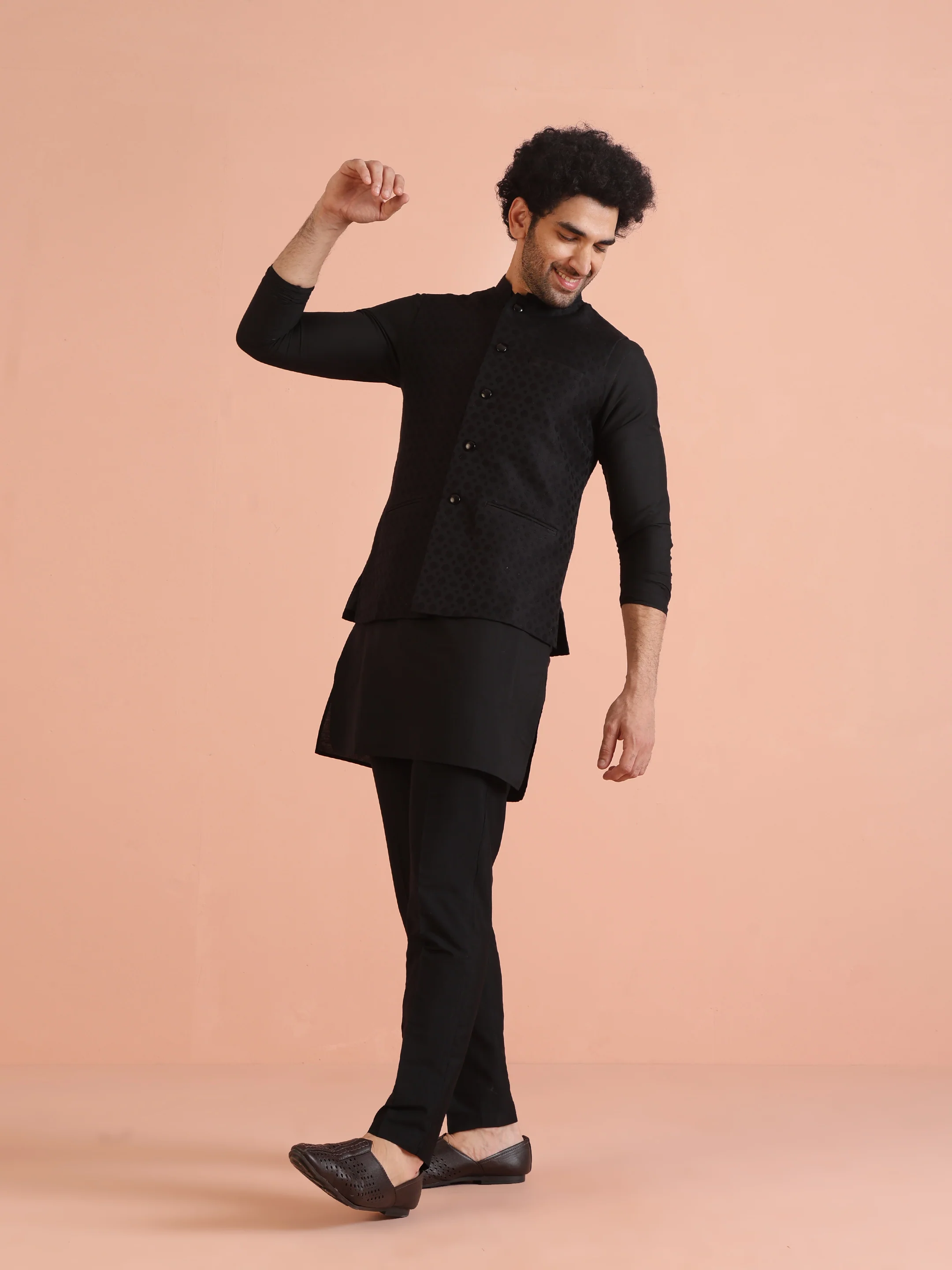 Black Jacquard Woven Jacket Kurta Trouser Set - Image 3