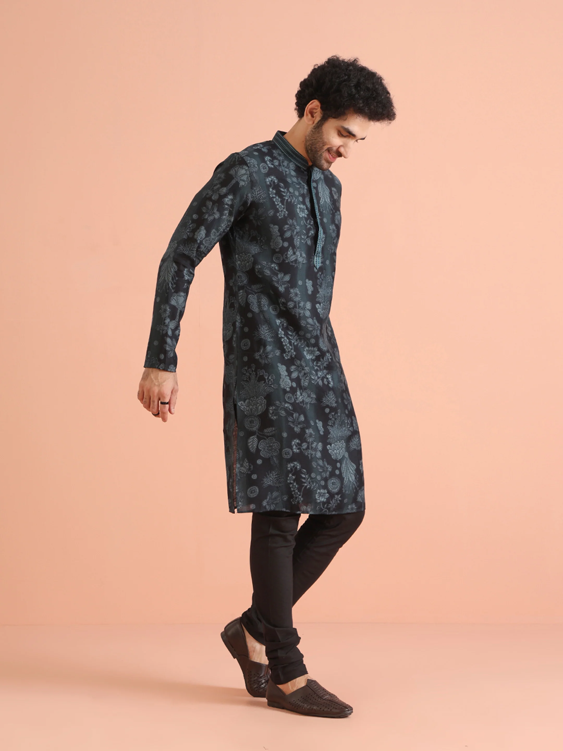 Black Floral Printed Kurta Churidar Set - Image 3
