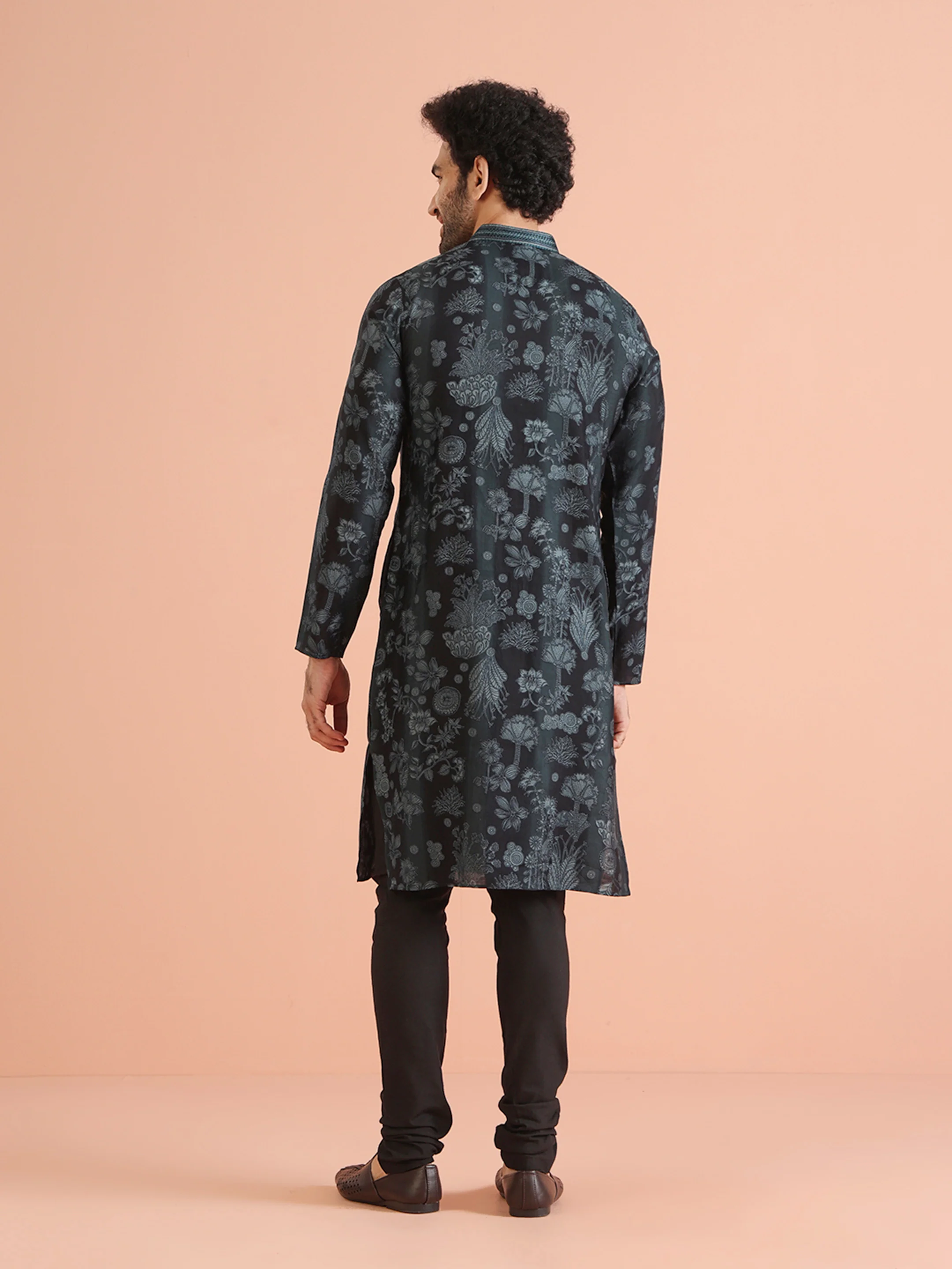 Black Floral Jacquard Silk Blend Kurta - Image 4