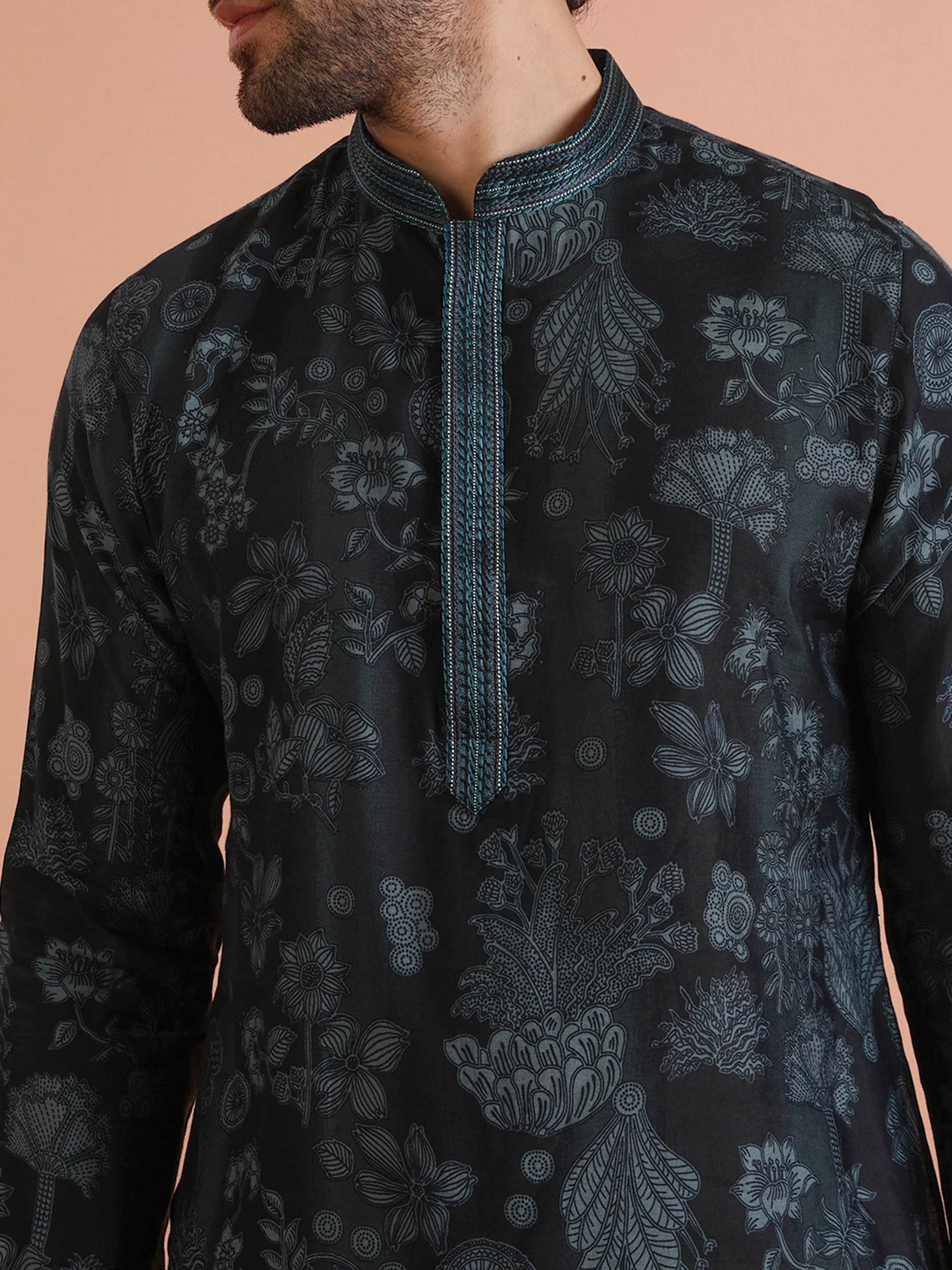 Black Floral Jacquard Silk Blend Kurta - Image 5