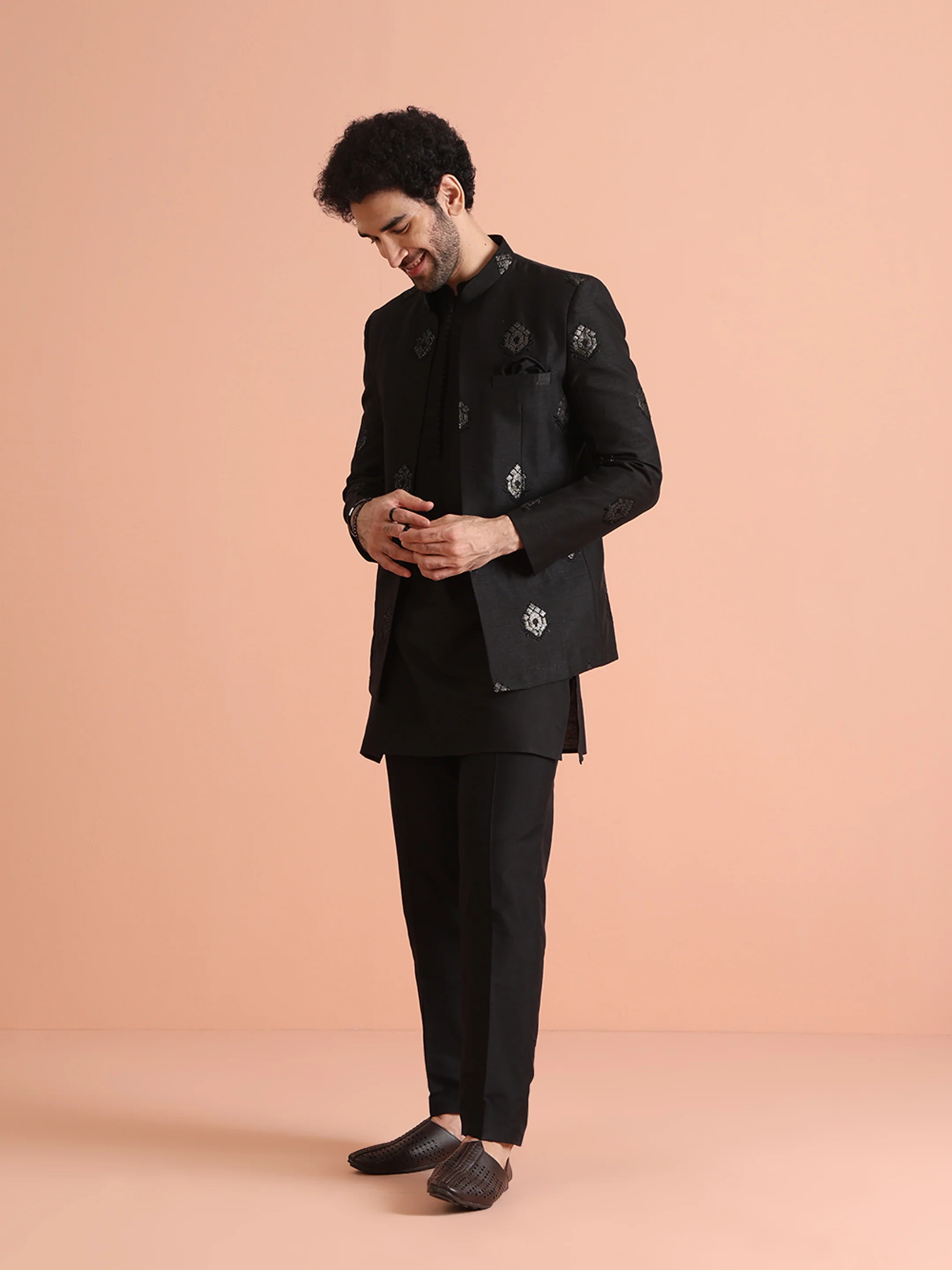 Black Embroidered Silk Blend Kurta Bandhgala Set - Image 4
