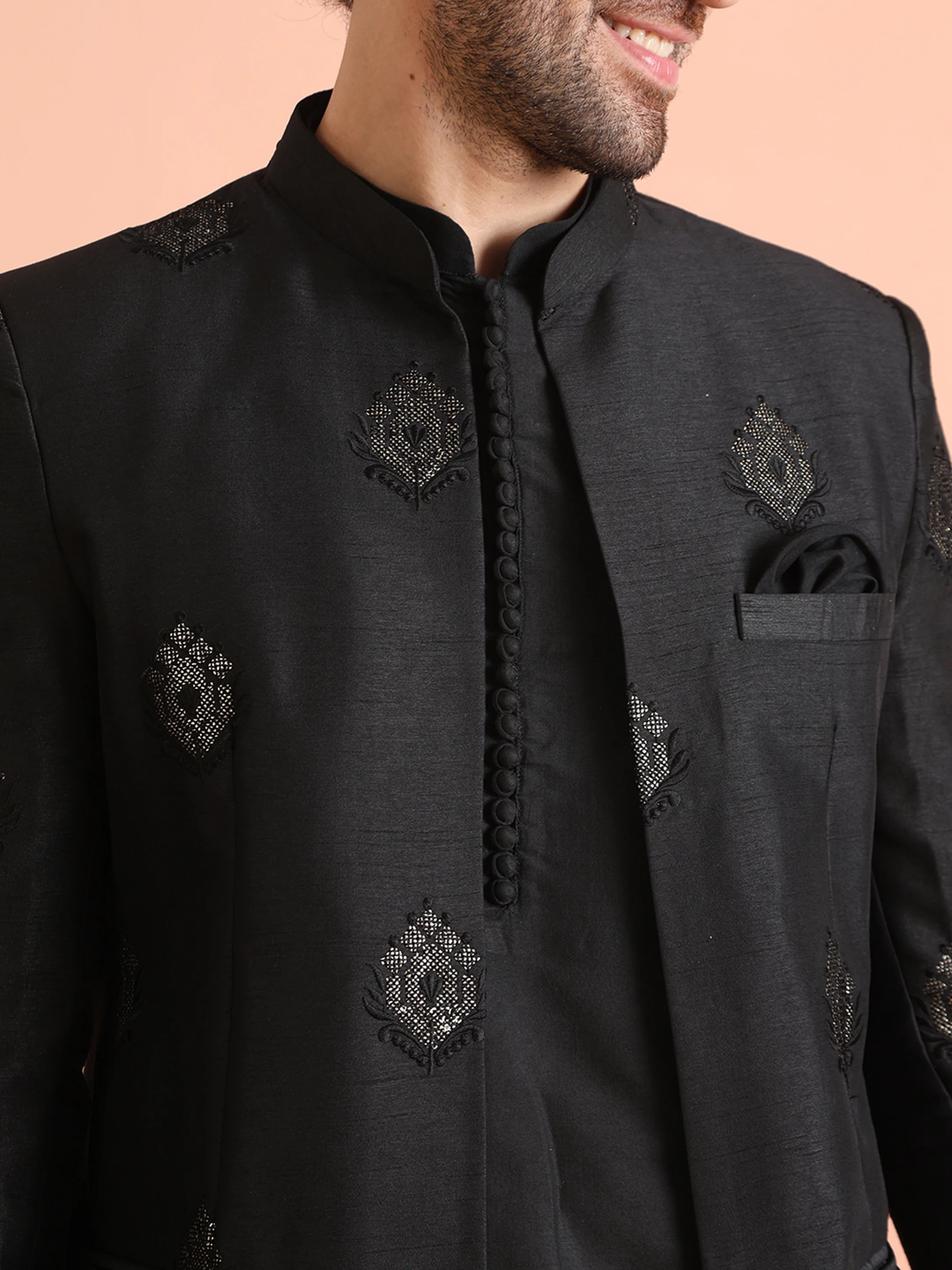 Black Embroidered Silk Blend Kurta Bandhgala Set - Image 6