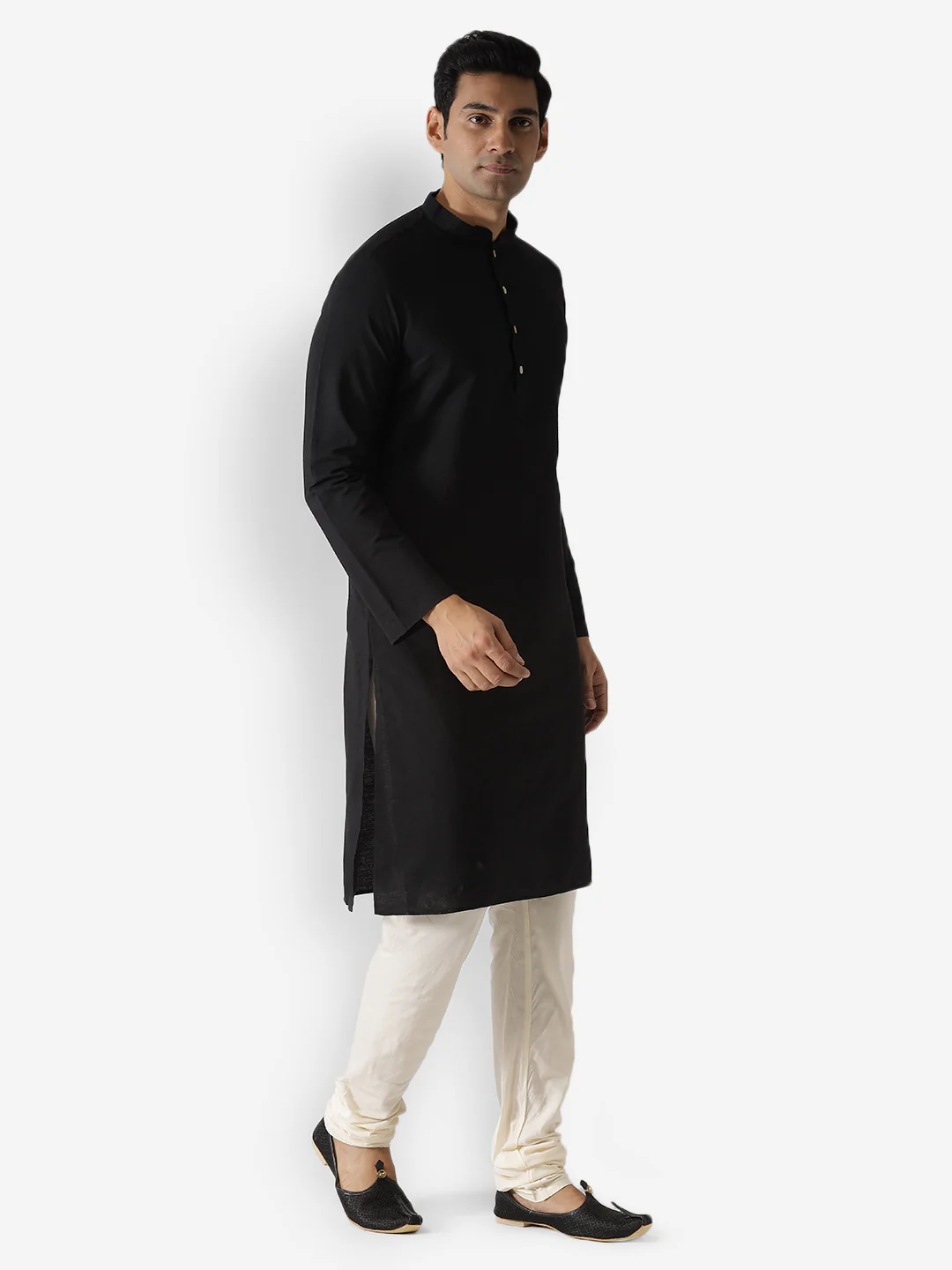 Black Cotton Silk Solid Kurta Churidar Set - Image 2