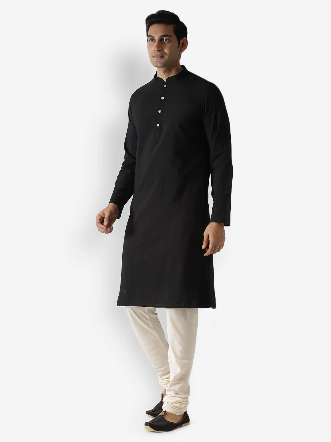 Black Cotton Silk Solid Kurta Churidar Set - Image 3
