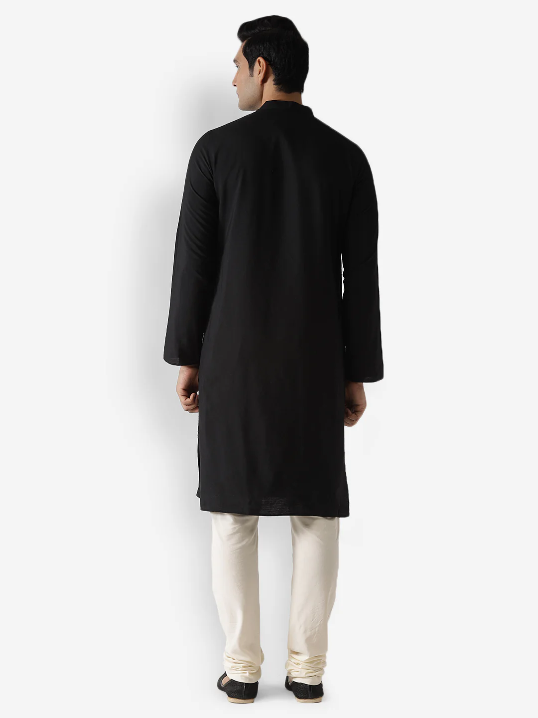 Black Cotton Silk Solid Kurta Churidar Set - Image 4