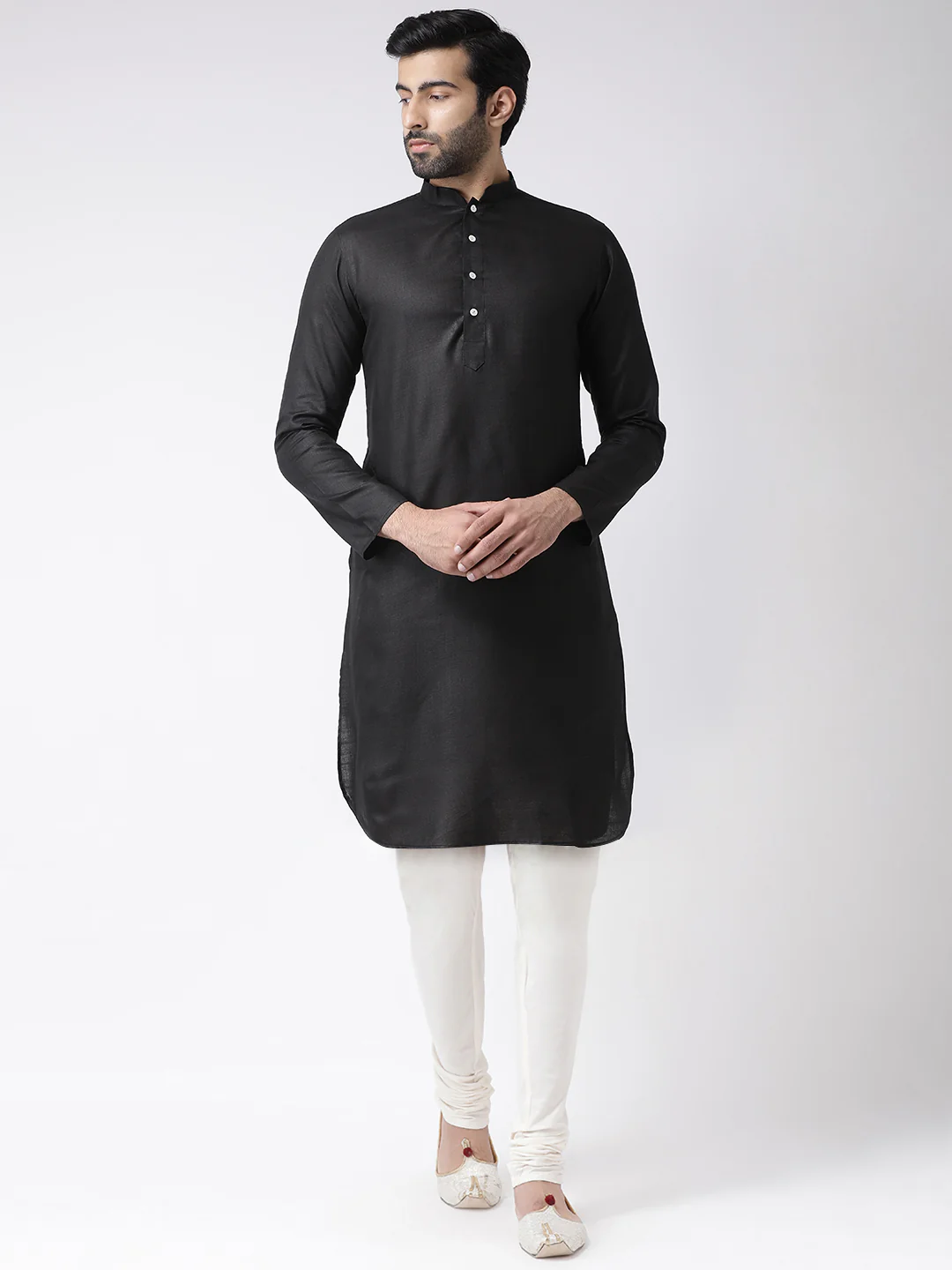 Black Silk Blend Solid Kurta Churidar Set