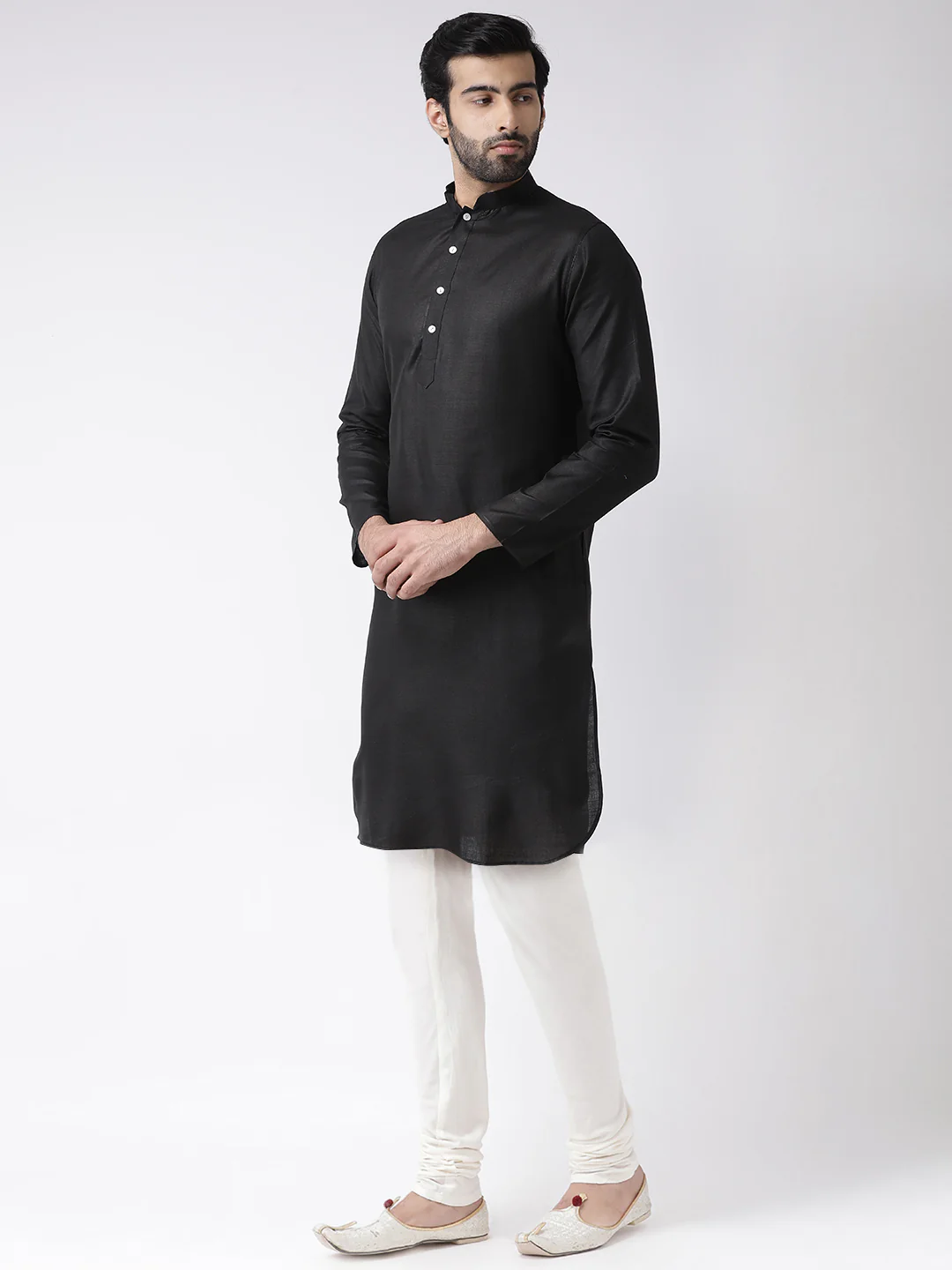 Black Silk Blend Solid Kurta Churidar Set - Image 2