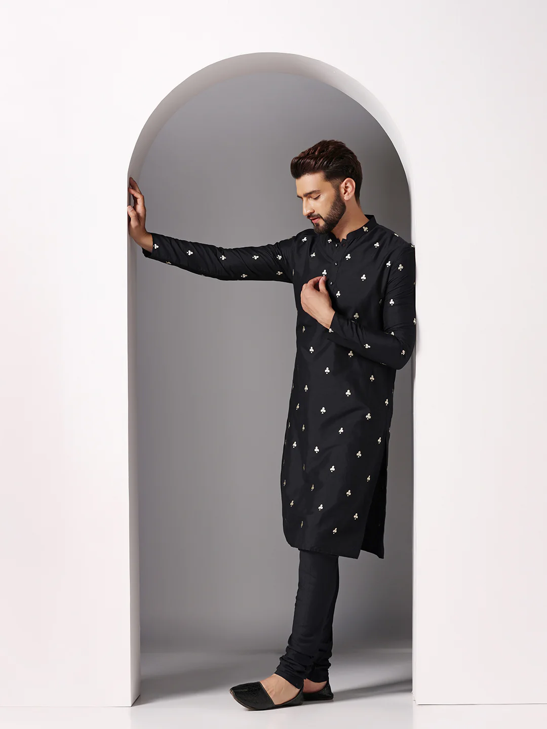 Black Embroidered Kurta Churidar Set - Image 3
