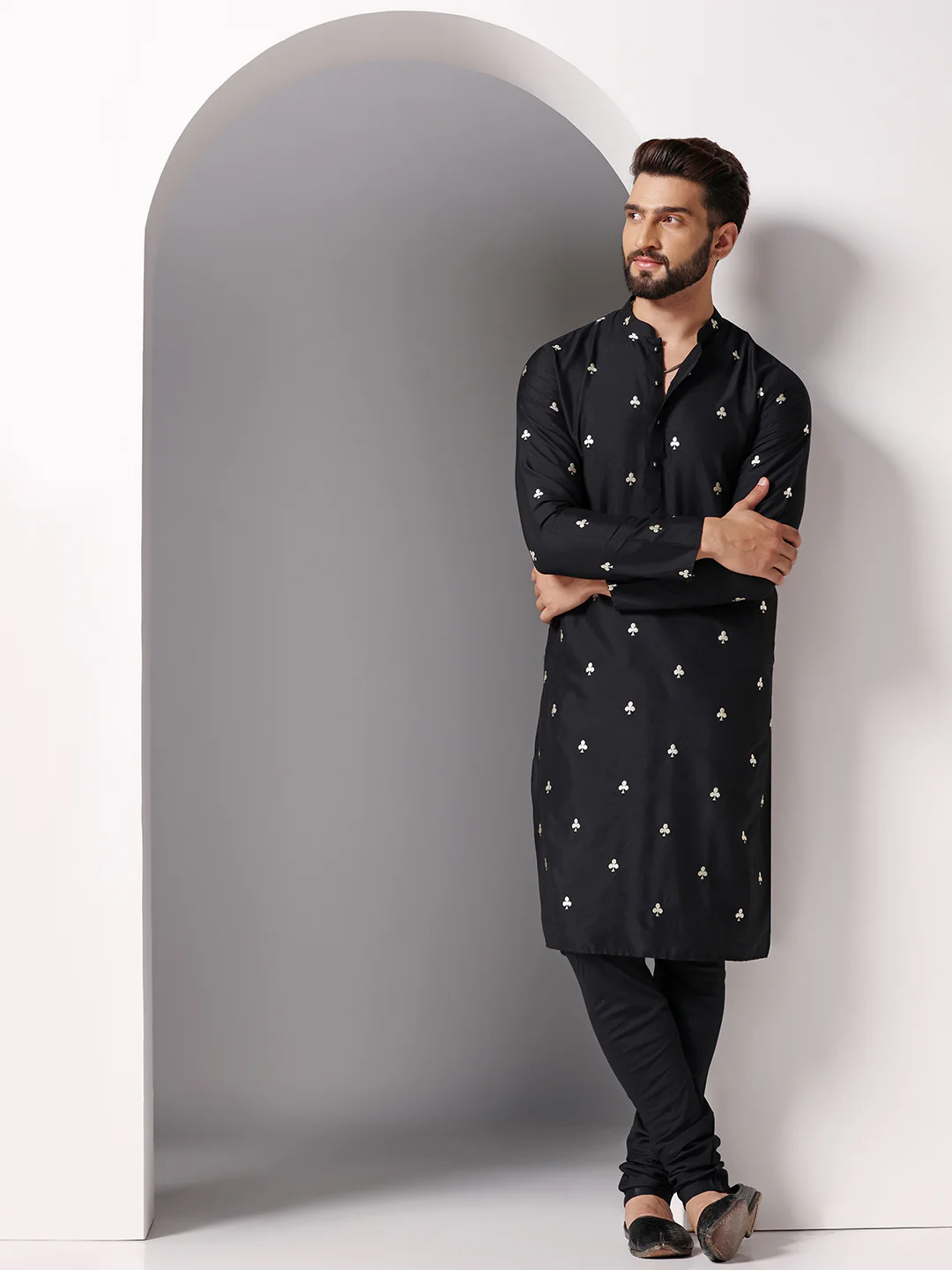 Black Embroidered Kurta Churidar Set - Image 7