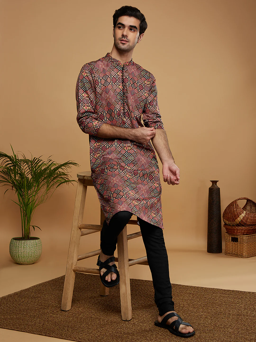 Men Black Kurta Churidar Set - Image 7