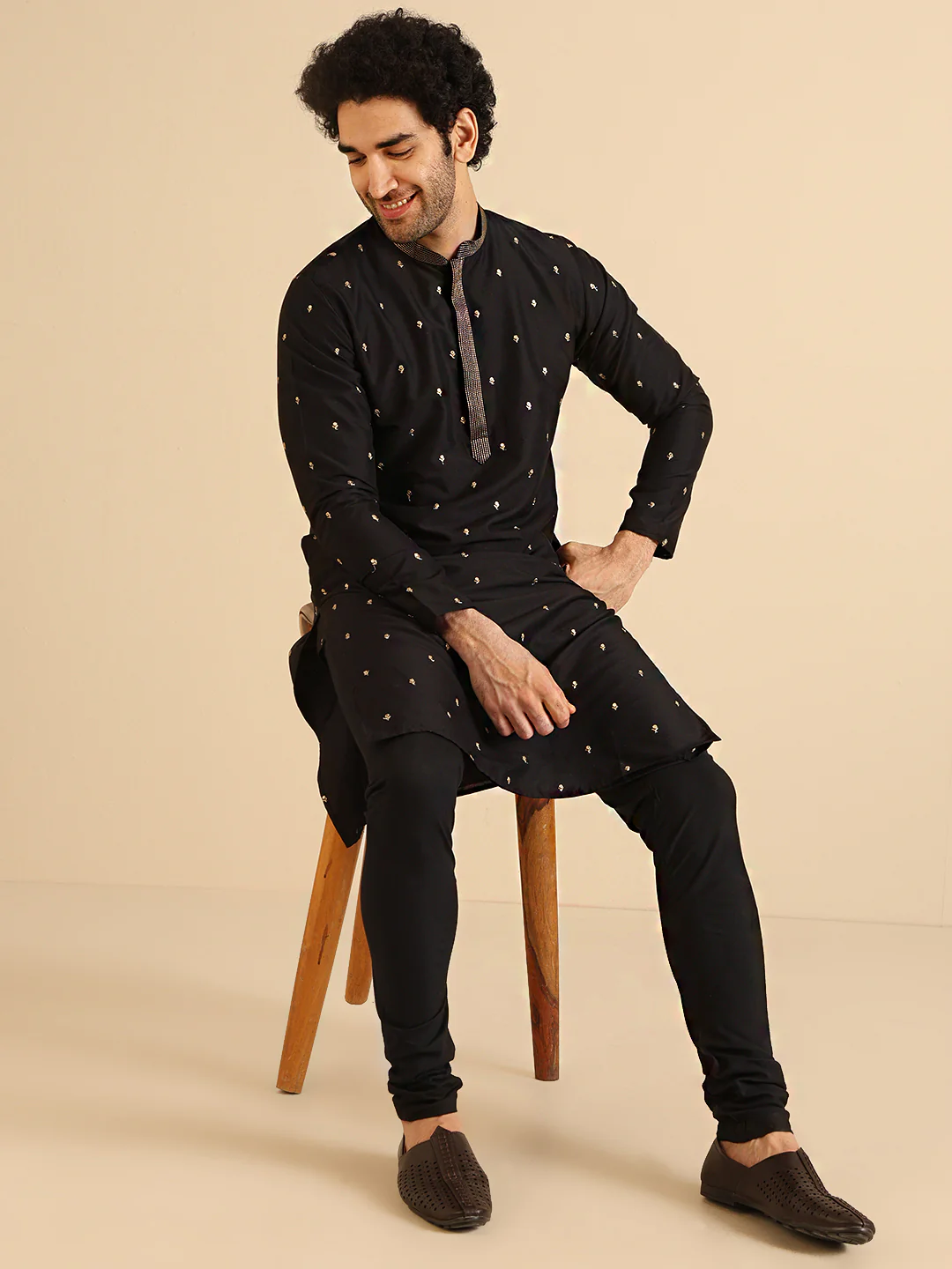 Men Black Kurta Churidar Set