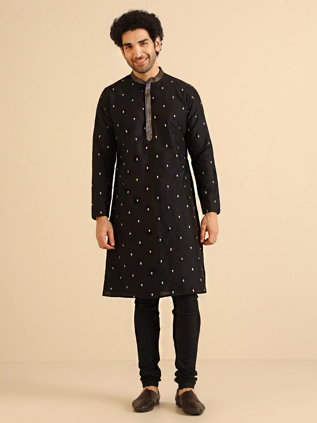 Men Black Kurta Churidar Set - Image 2