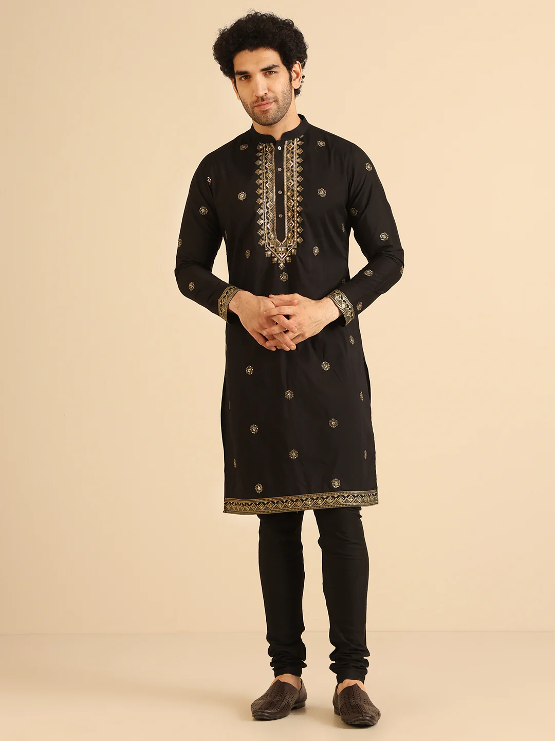 Men Black Kurta Churidar Set