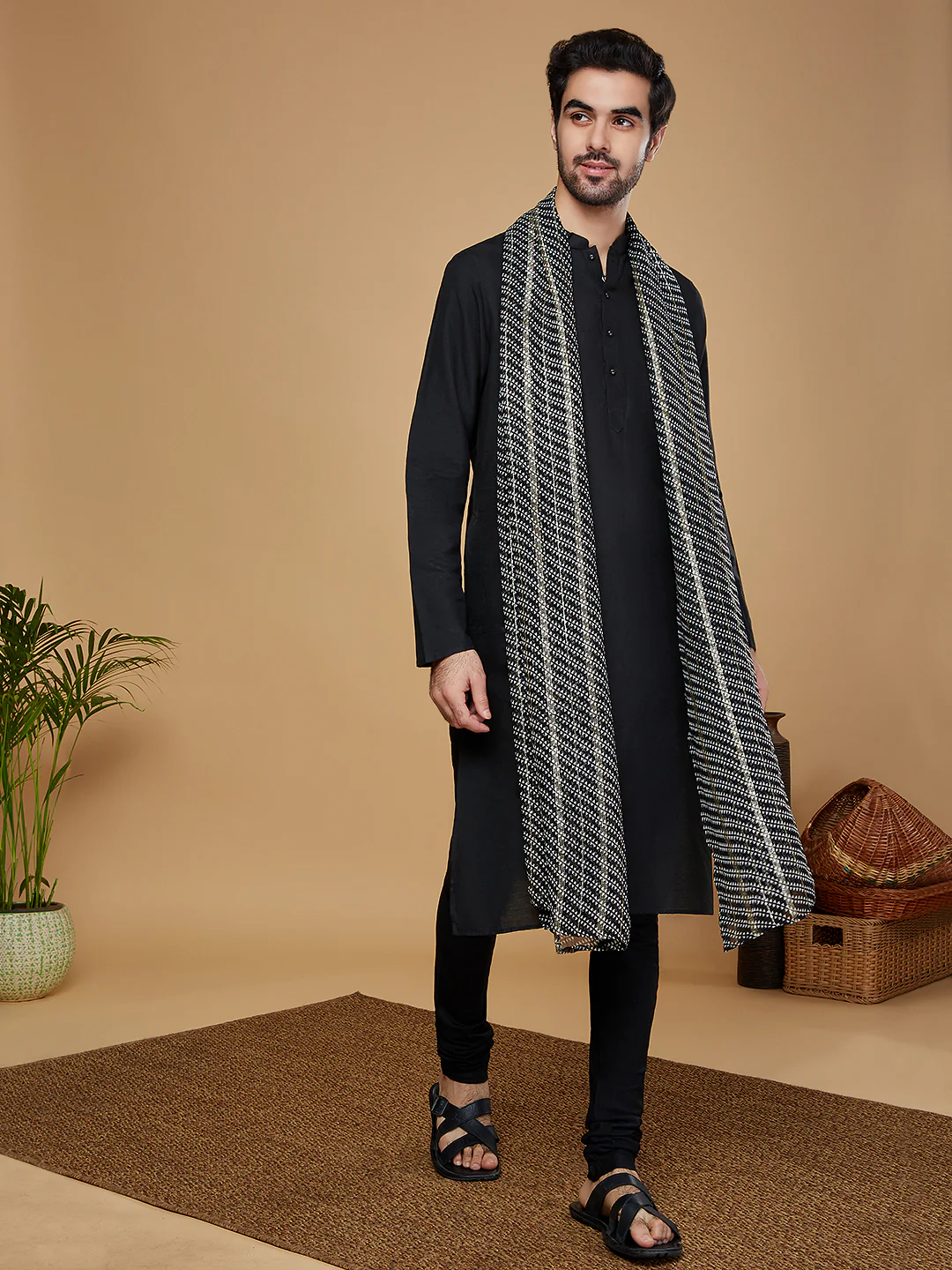 Black Cotton Kurta Churidar with Striped Dupatta - Image 2