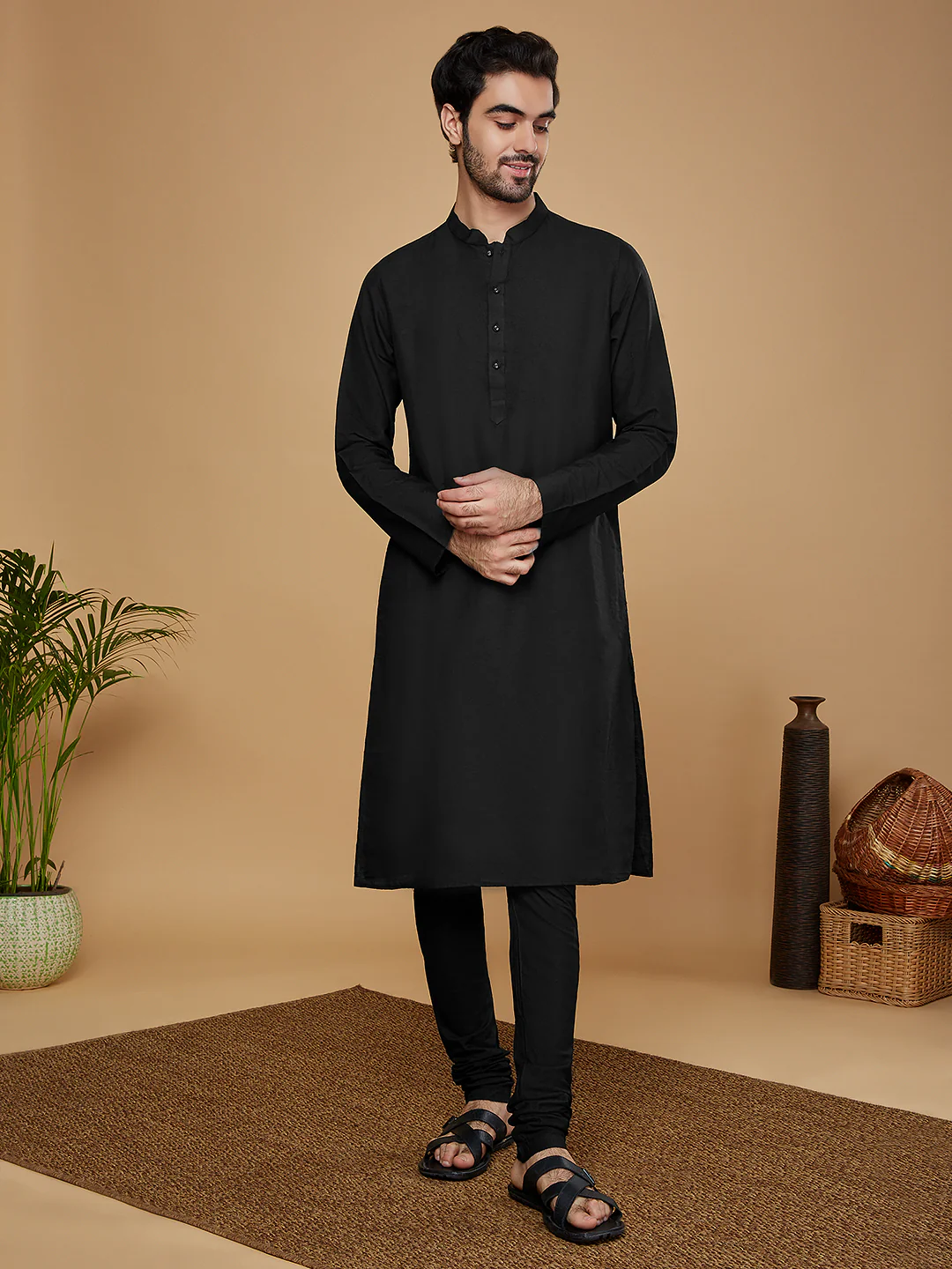 Black Cotton Kurta Churidar with Striped Dupatta - Image 5