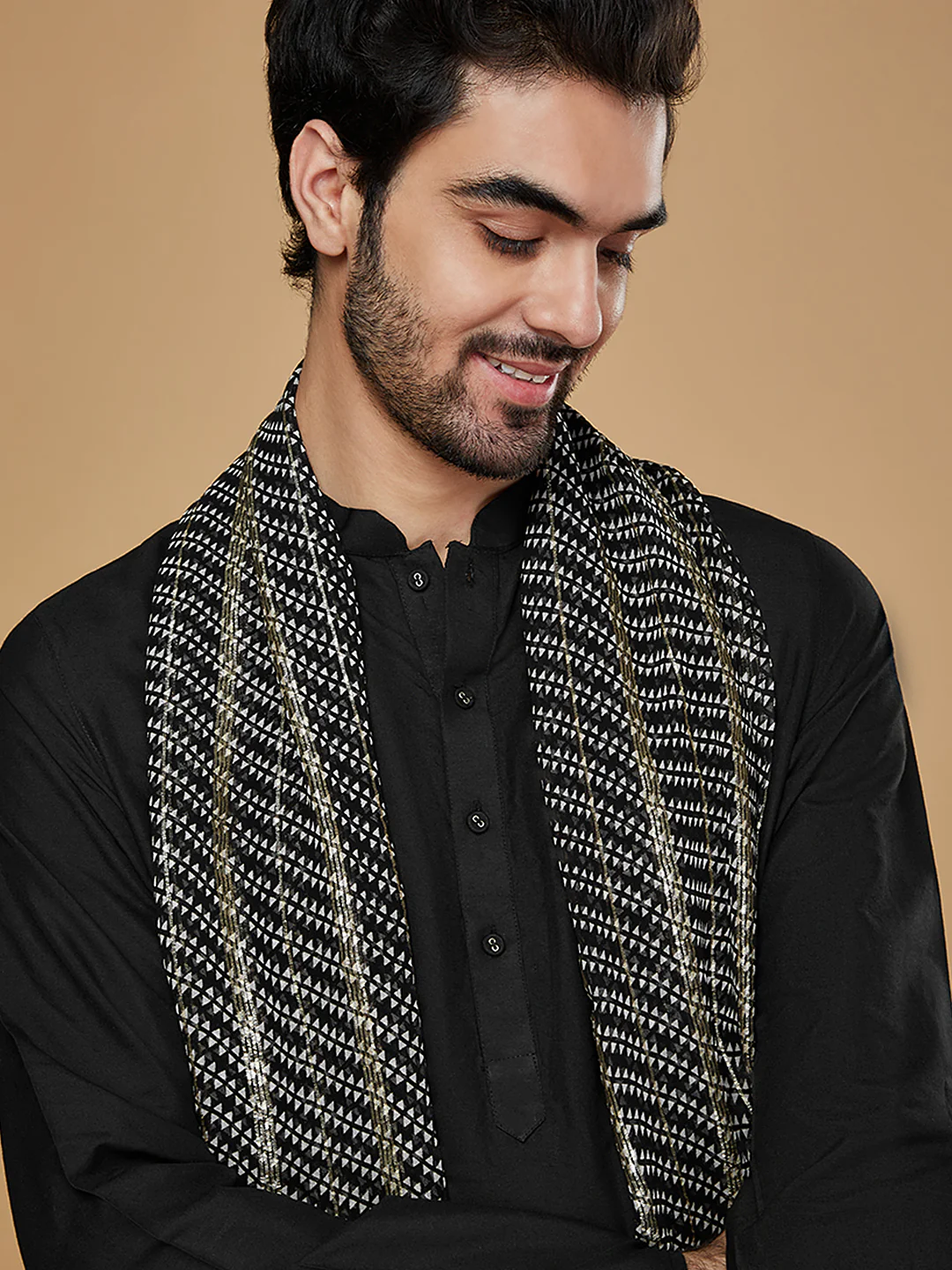 Black Cotton Kurta Churidar with Striped Dupatta - Image 6