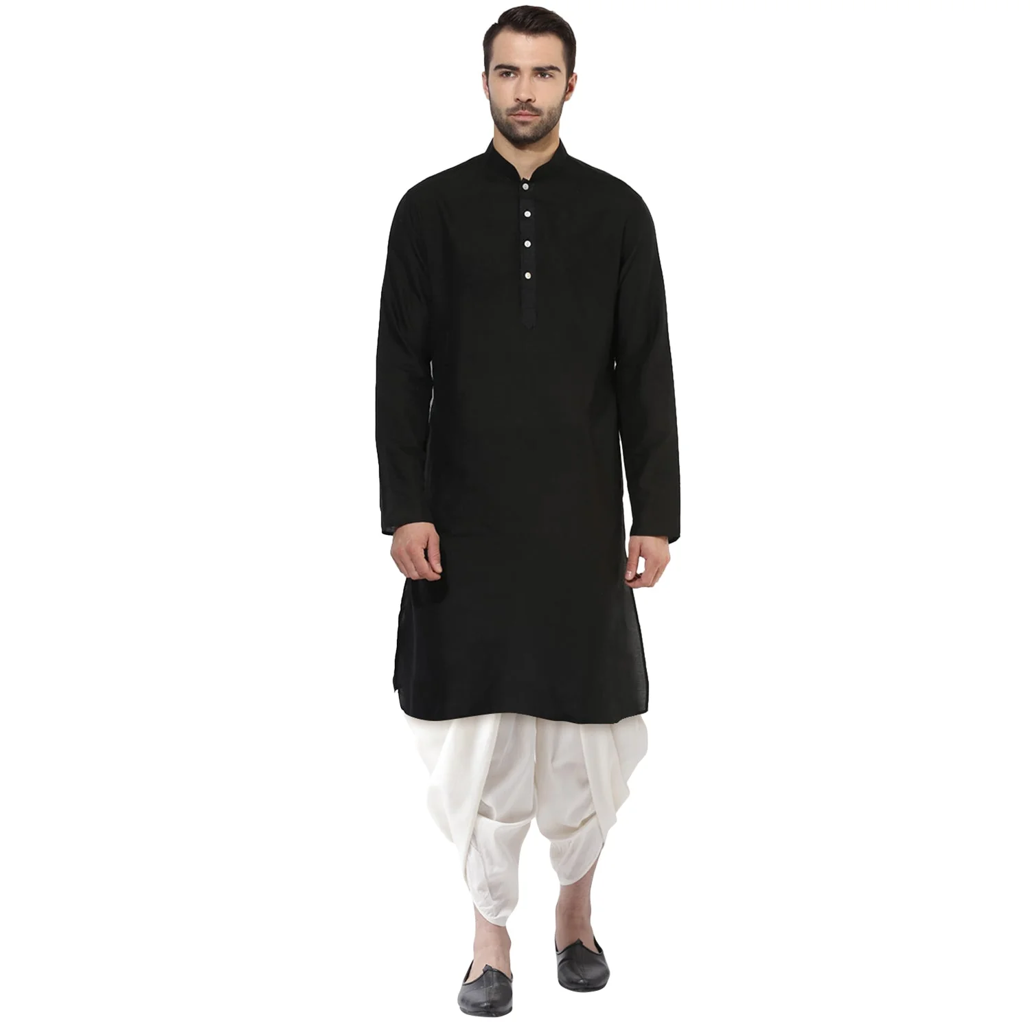 Black Cotton Silk Solid Kurta Dhoti Set