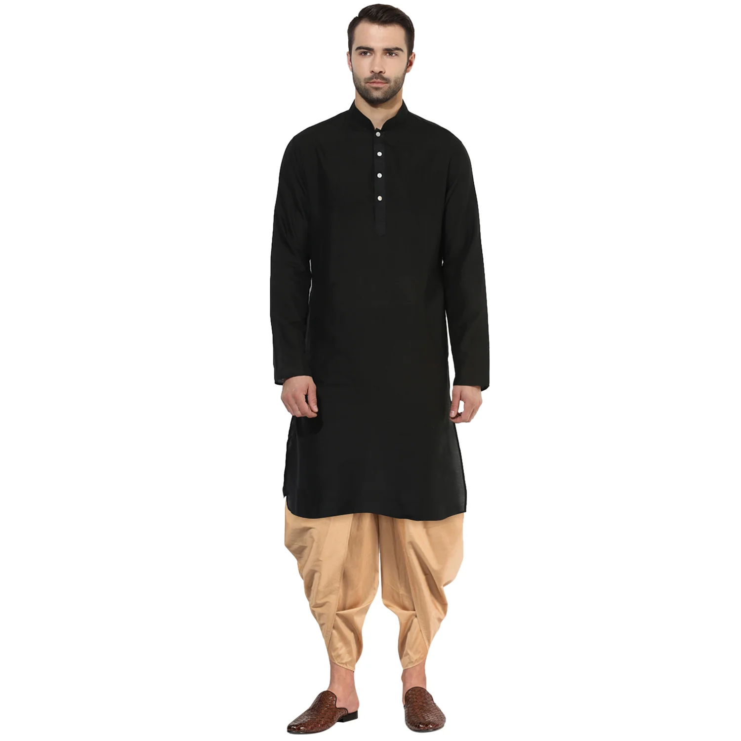 Black Silk Blend Solid Kurta Golden Dhoti Set