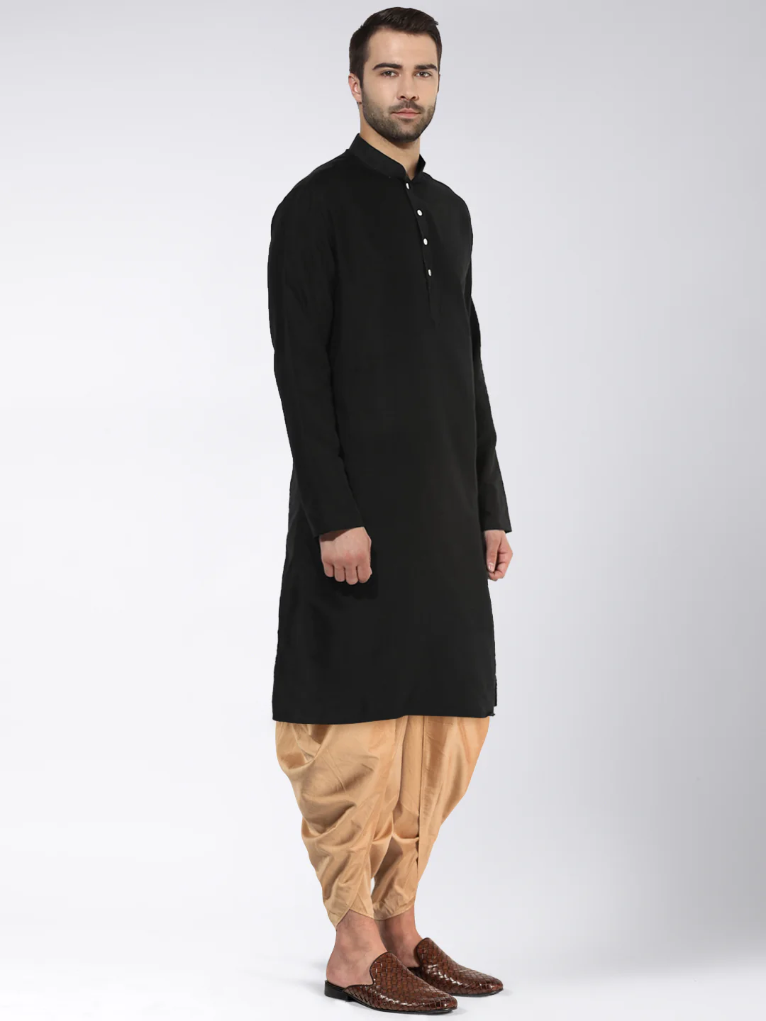 Black Silk Blend Solid Kurta Golden Dhoti Set - Image 2