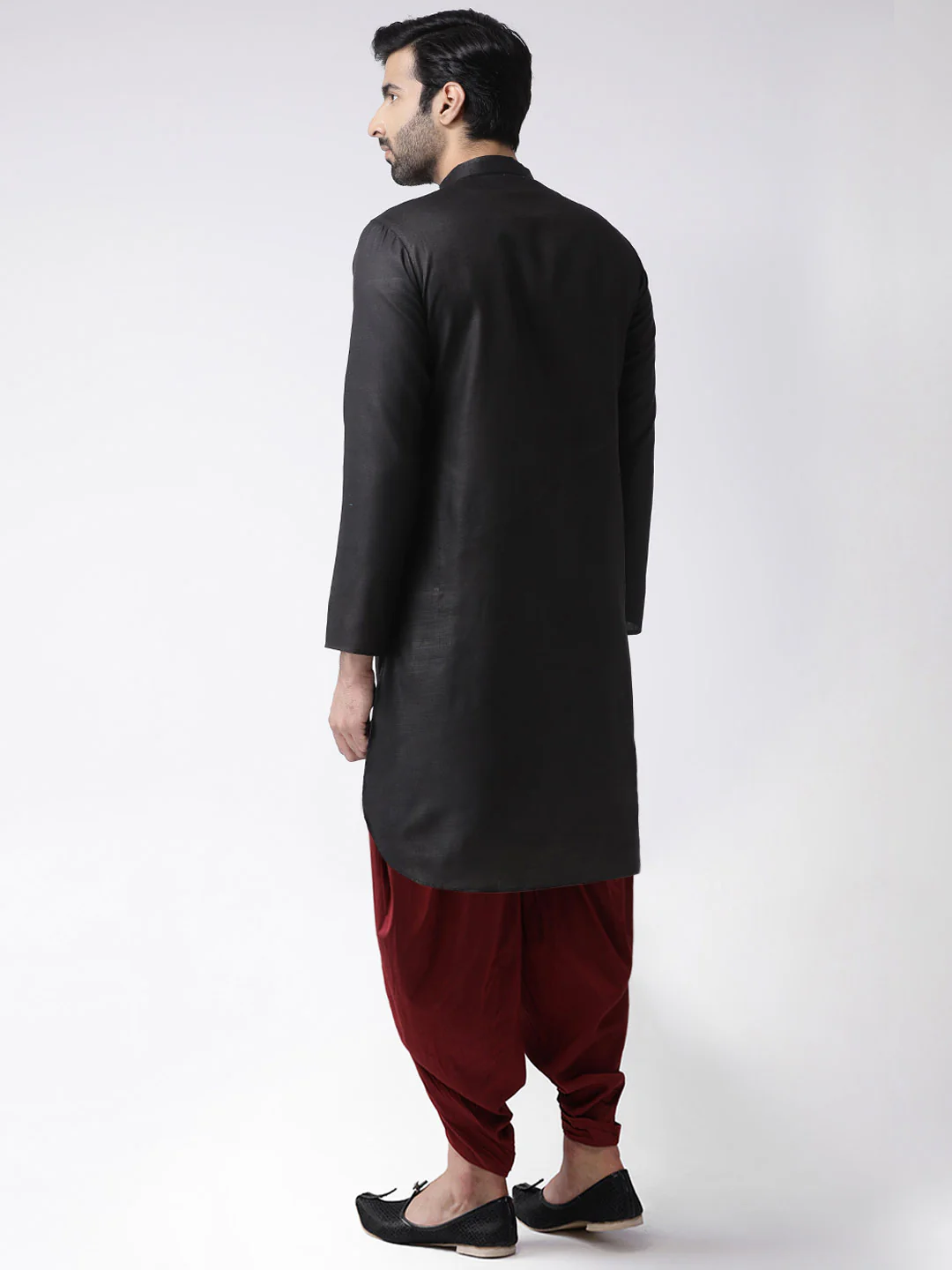 Black Silk Kurta with Maroon Dhoti - Image 3