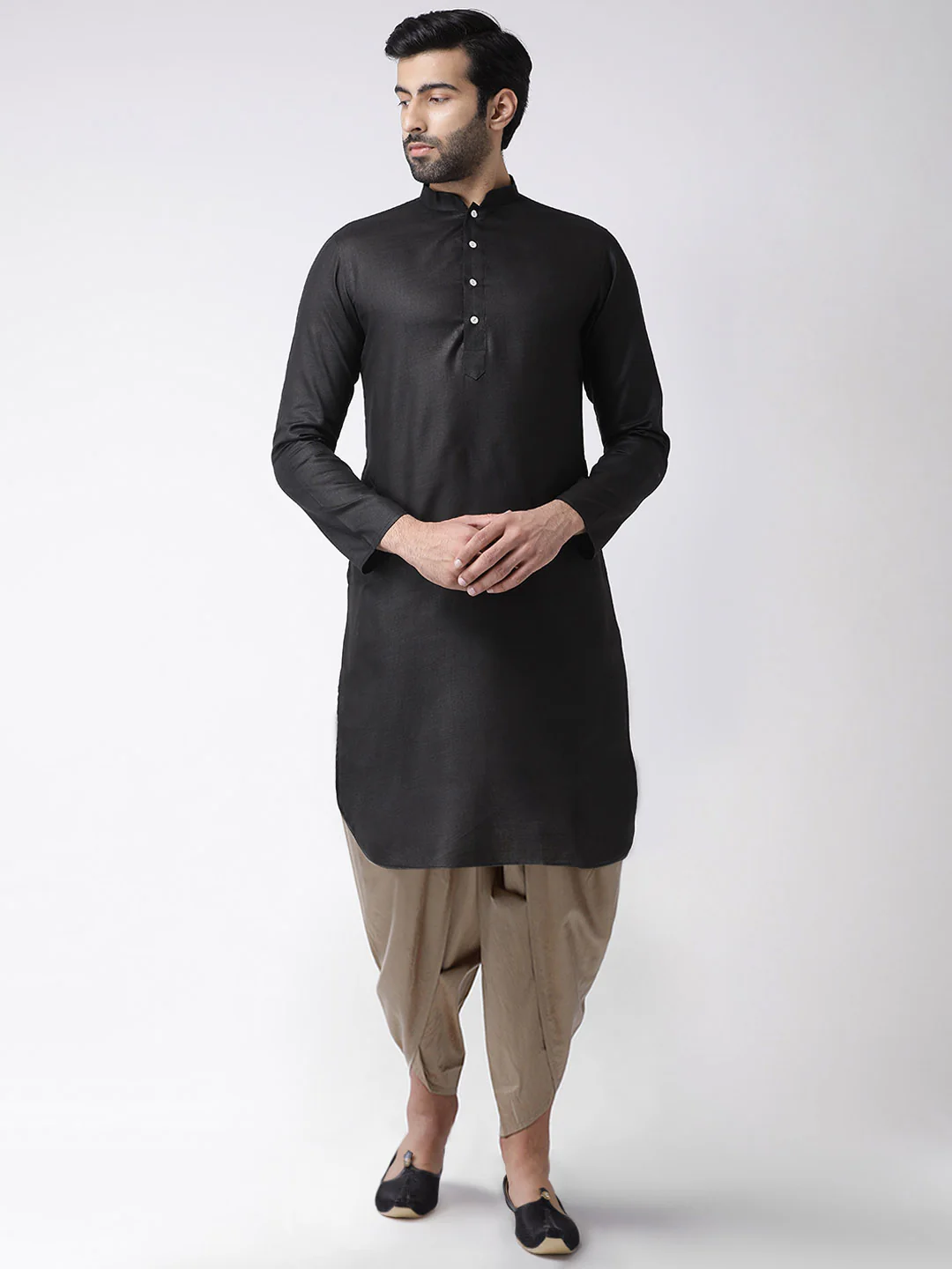 Black Silk Blend Kurta with Beige Dhoti