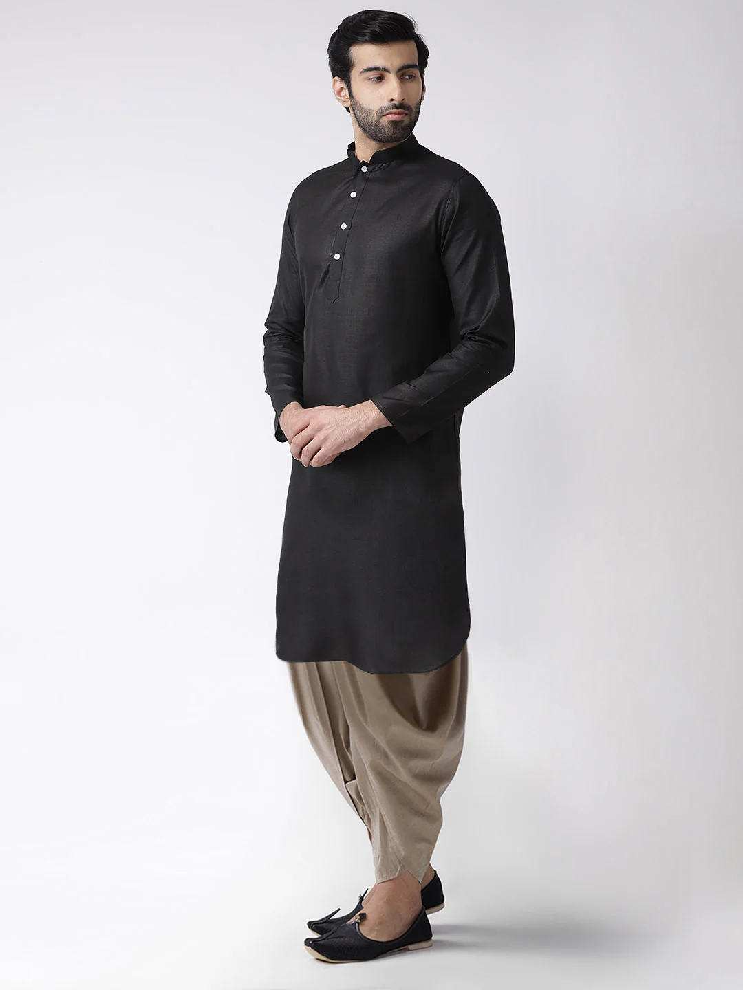 Black Silk Blend Kurta with Beige Dhoti - Image 2