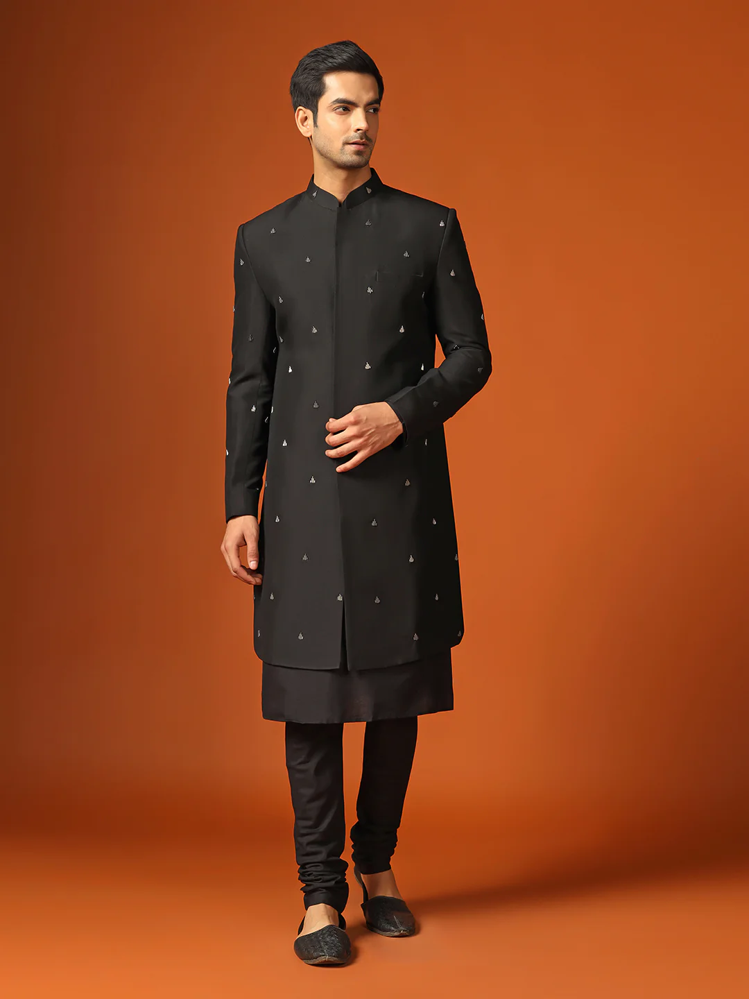 Men Black Cut Dana Embroidered Kurta Indowestern Churidar Set
