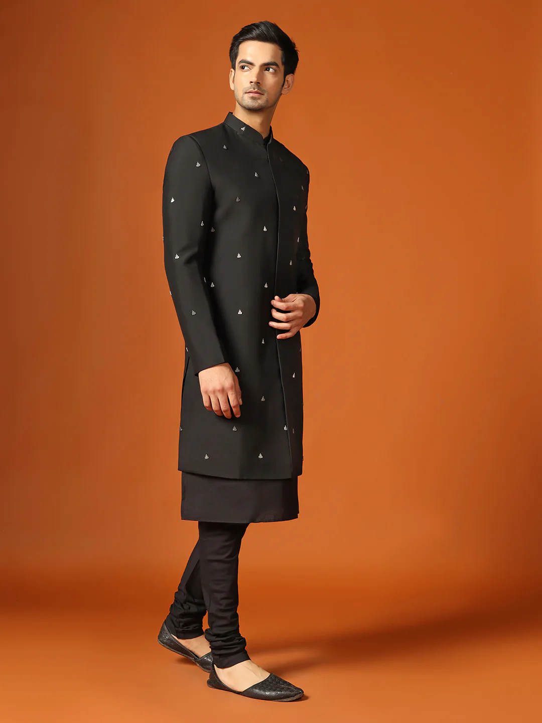 Men Black Cut Dana Embroidered Kurta Indowestern Churidar Set - Image 2